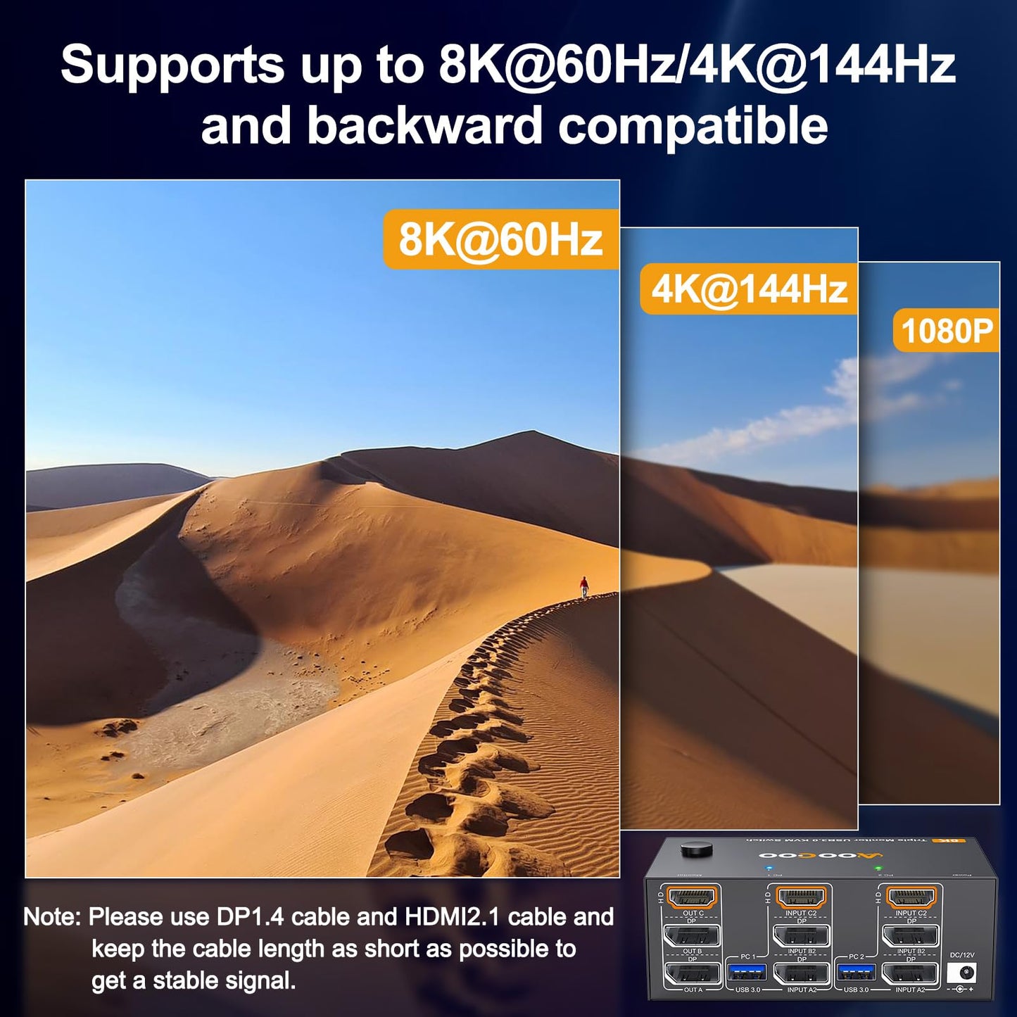 8K@60Hz HDMI Displayport KVM Switch 3 Monitor 2 Computer 4K@144Hz Triple Monitor KVM Switches with USB 3.0 Port,Wired Remote,Power Adapter and USB3.0
