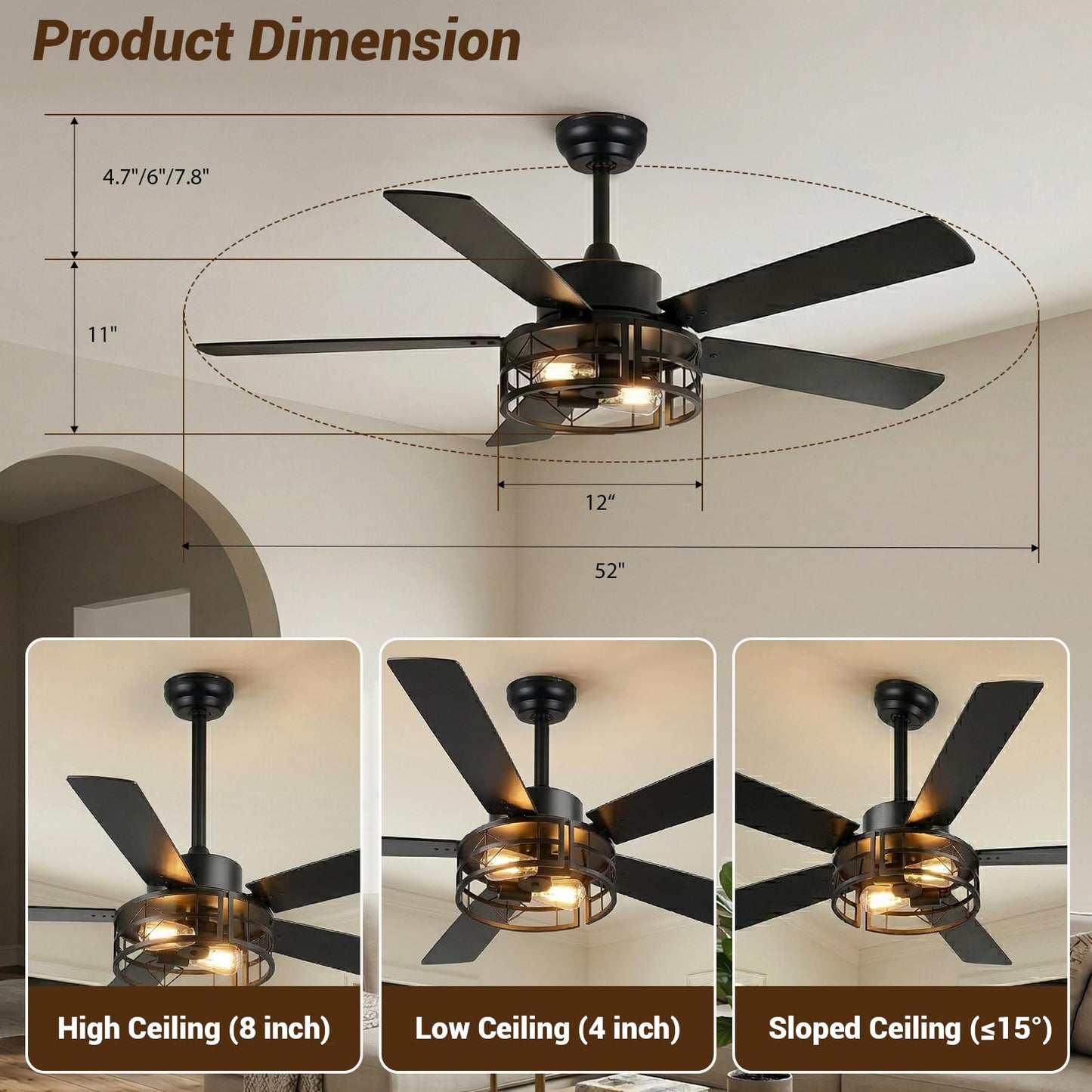 TCL 52" Black Caged Flush Mount Ceiling Fan with Light & Remote