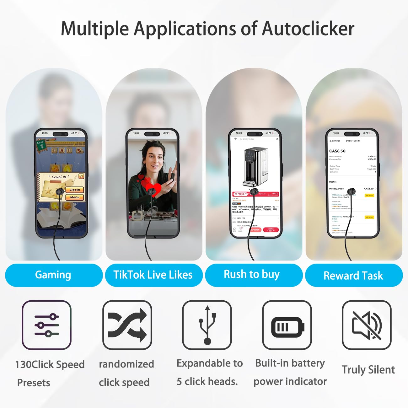 X1 Smartphone Auto Clicker: 130 Adjustable Speeds | Built-in Battery | Expandable to 5 Click Heads | Random Speed Mode | Completely Silent |