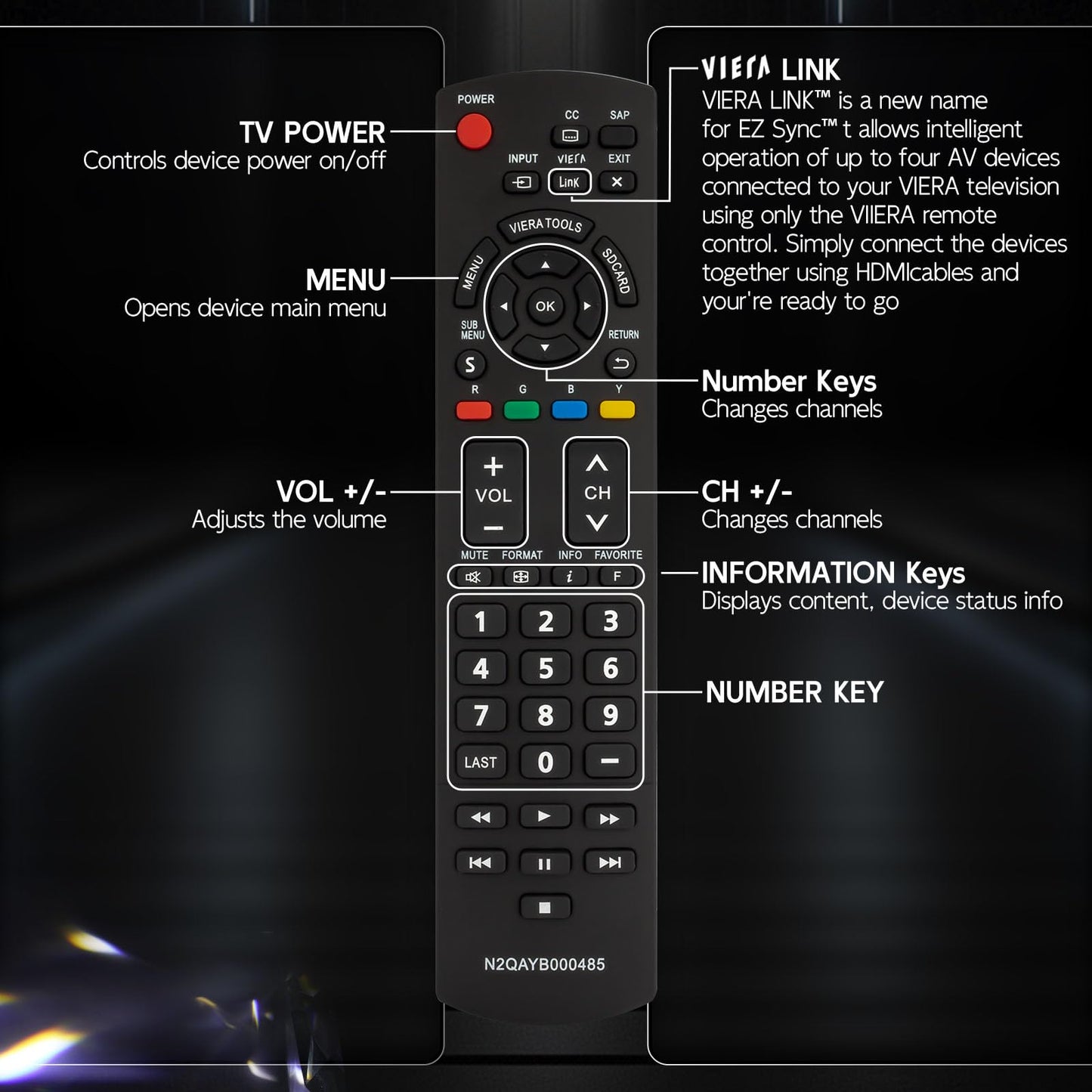 N2QAYB000485 Remote Control for Panasonic Tv Remote Replacement, Replace Panasonic Tv Remote Compatible with LCD LED Plasma Viera TVs TC-42LD24