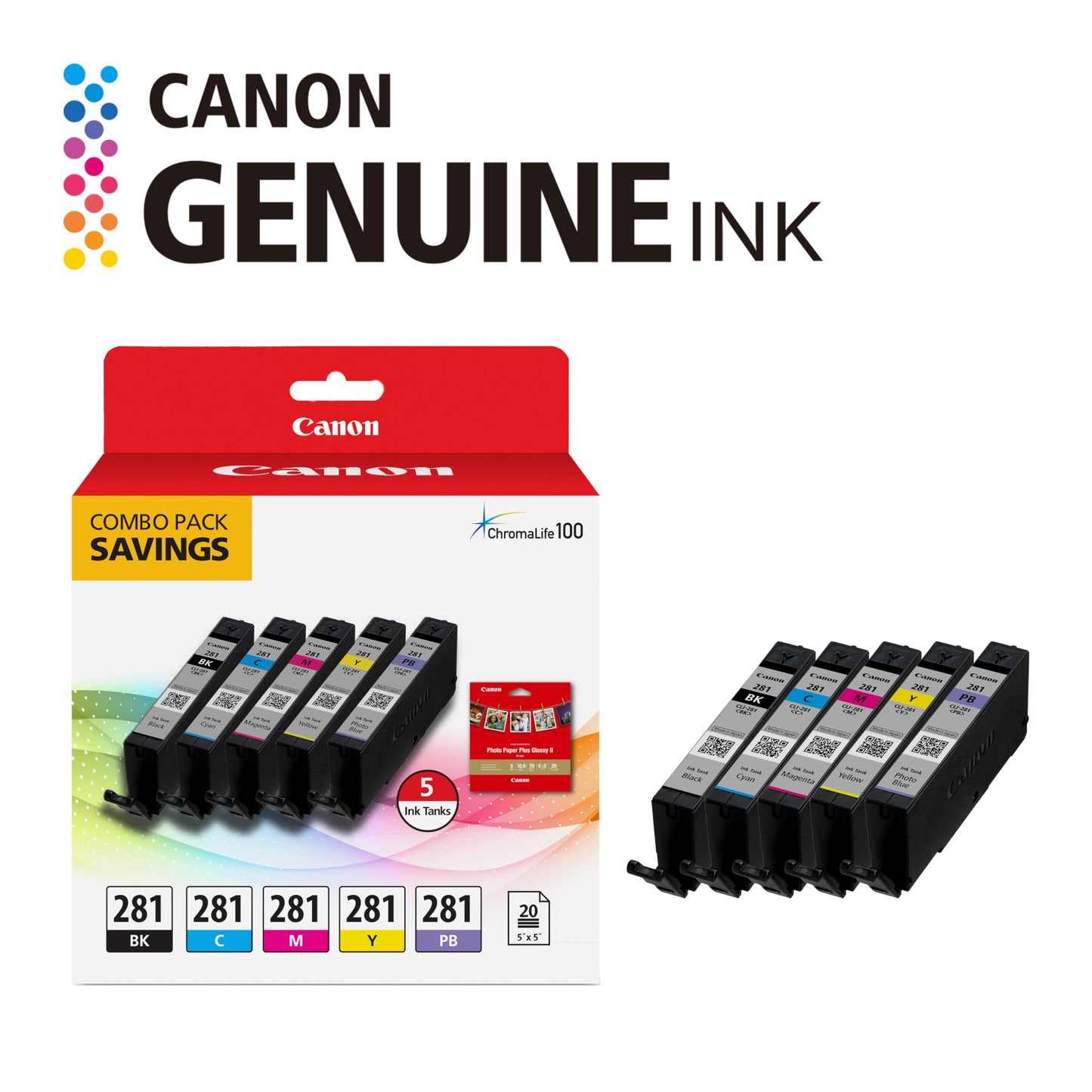 Canon CLI-281 Genuine Combo Pack with 20 (5"x5") Sheets, Compatible with TS9120 Series,TS8120 Series, TS8220, TS8320, and TS6320 Printers