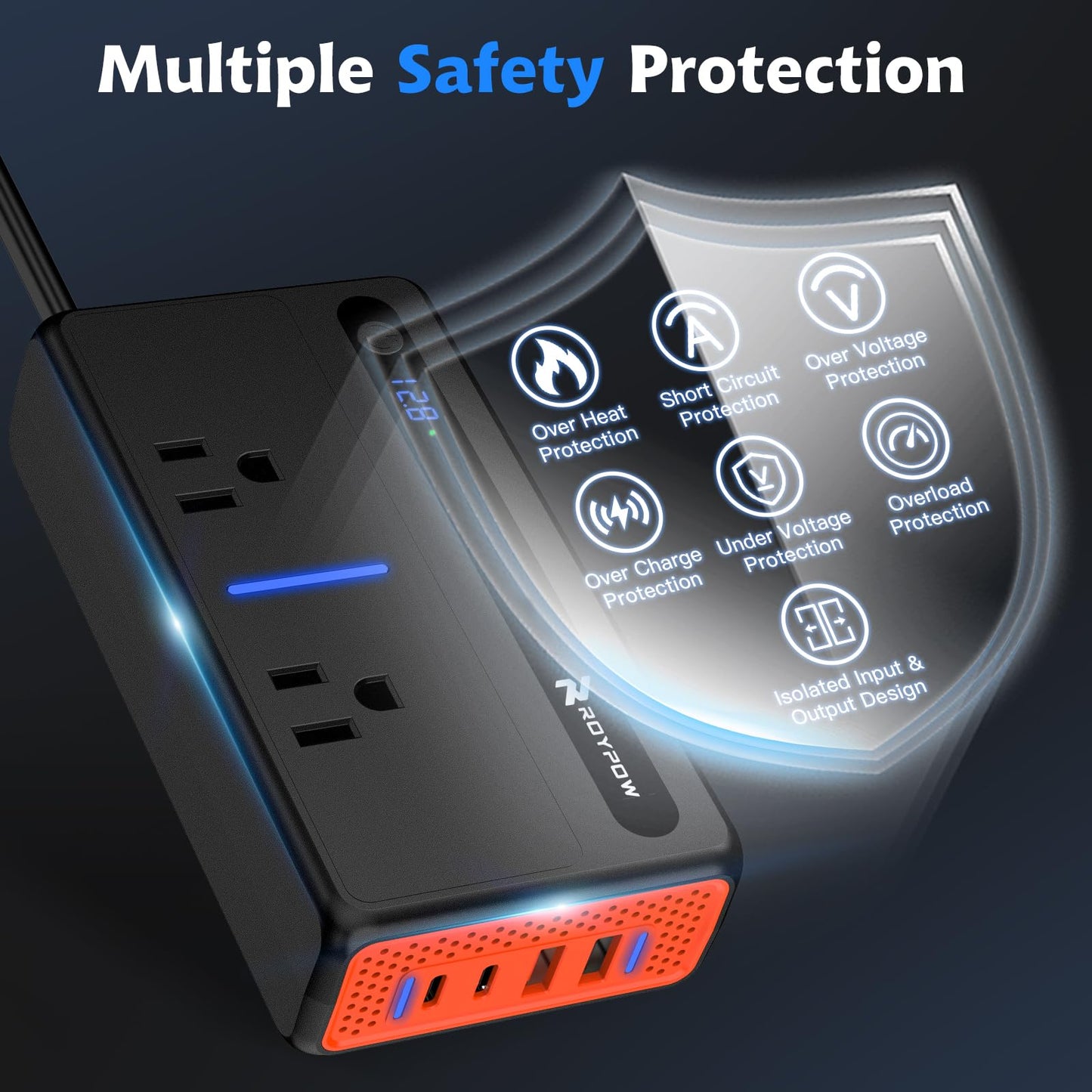 RoyPow 300W Car Power Inverter, DC 12V to 110V AC Power Inverter with Cigarette Lighter Port, Car Plug Adapter Outlet with 3.4A USB-A, QC3.0 24W, PD