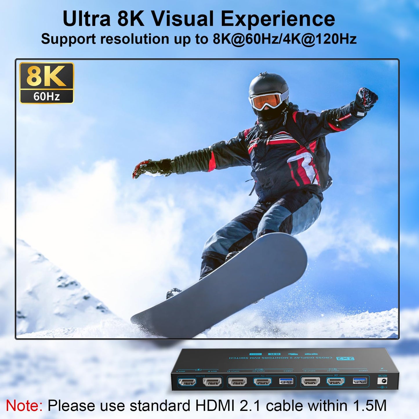 KVM/USB Dual Mode 8K Dual Monitor HDMI 2.1 KVM Switch 2 Monitors 2 Computers Cross Display 2 in 2 Out USB 3.0 KVM Support 8K@60Hz/4K@120Hz, with 2 USB