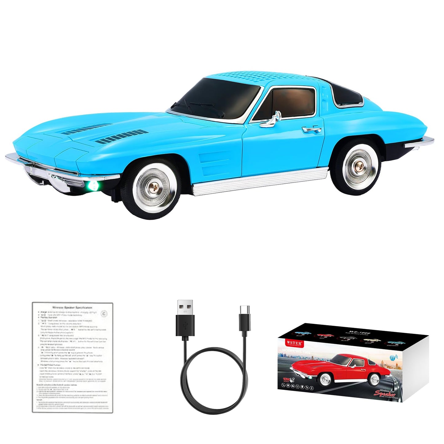 WSTER WS-1969 Retro Sports Car Bluetooth Replica Speaker - Portable Wireless Model with HD Sound, TWS Stereo Pairing, FM Radio, USB/TF Playback, LED