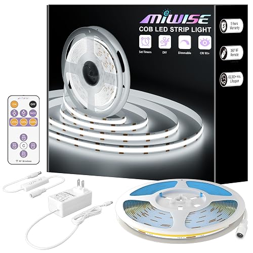MIWISE White LED Strip Lights,COB LED Strip Light 6000K Daylight White,Dimmable 32.8ft 24V LED Tape Lights,Flexible Super Bright Strip Lighting
