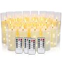 CAKETYCG 24 Pcs LED Flameless Candles with Remote, 3D Flickering Flame & LED String Lights, Acrylic Clear Cylinder, Timer Function, Romantic Ambience