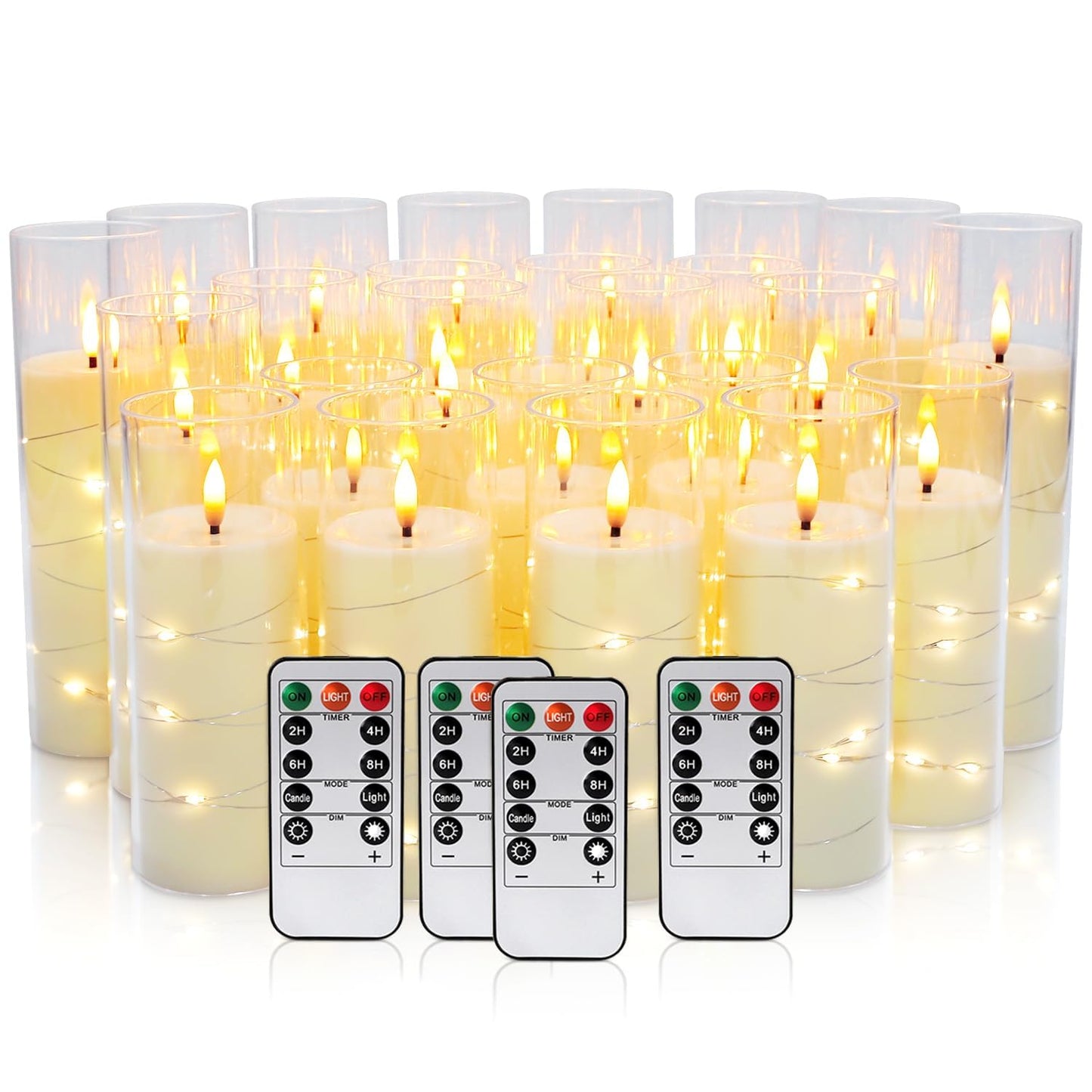 CAKETYCG 24 Pcs LED Flameless Candles with Remote, 3D Flickering Flame & LED String Lights, Acrylic Clear Cylinder, Timer Function, Romantic Ambience