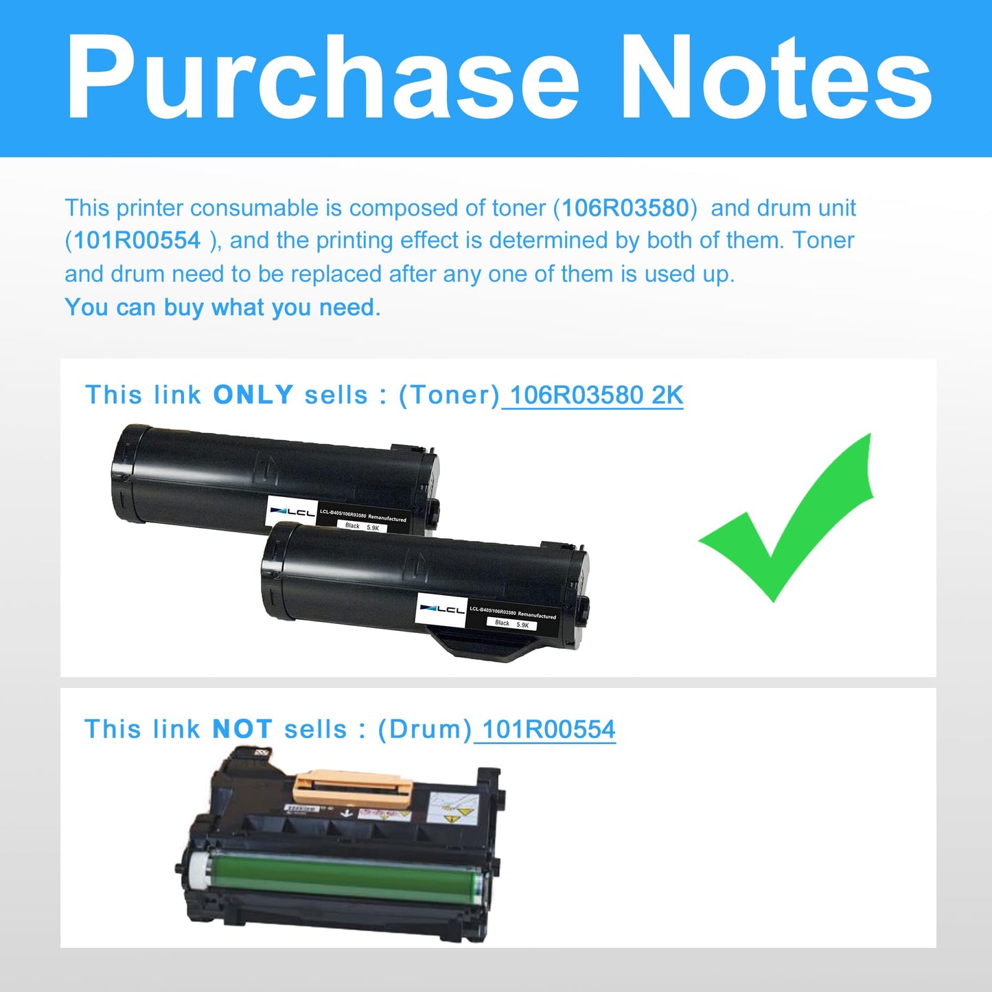 LCL B400 B405 Black Toner Cartridge Replacement for Xerox 106R03580 for VersaLink B405 B400 B400DN B400N B405DN Printers (2-Pack)