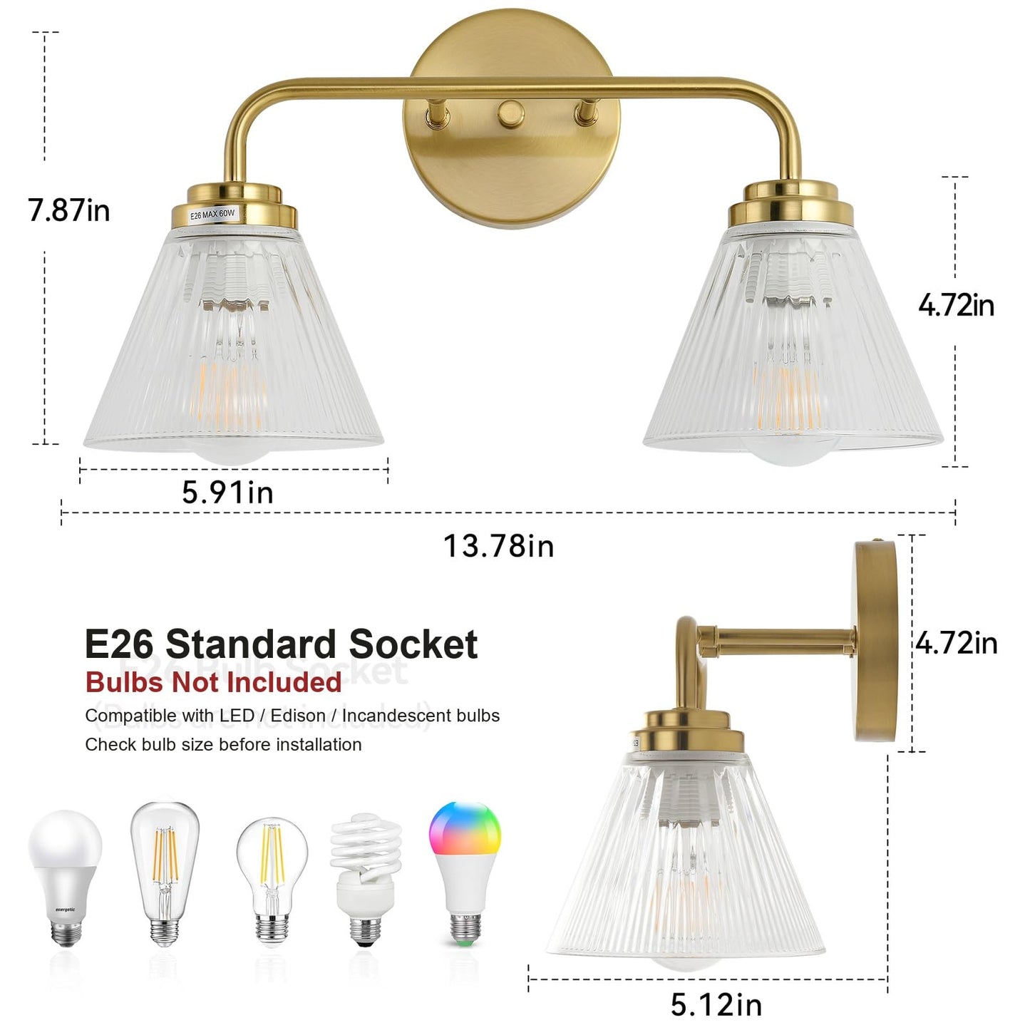 Prosaiet Bathroom Vanity Light, Brushed Gold 2-Light Bathroom Light Fixtures Over Mirror, Clear Ribbed Glass Shades, E26 Wall Sconce Lighting