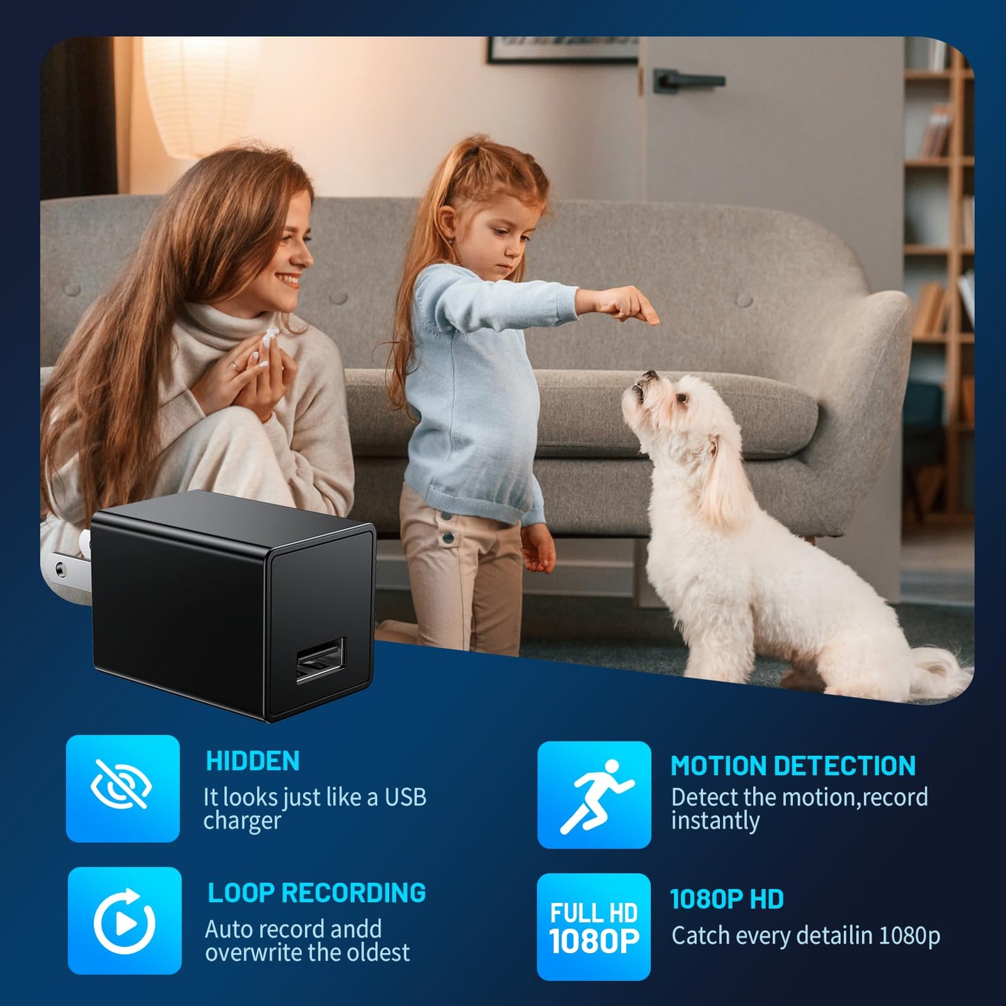 Wireless Smart 1080P USB Charger WiFi Camera Indoor Security Camera Baby Monitor Surveillance Hidden Security Cam Motion Detection with App Live Feed