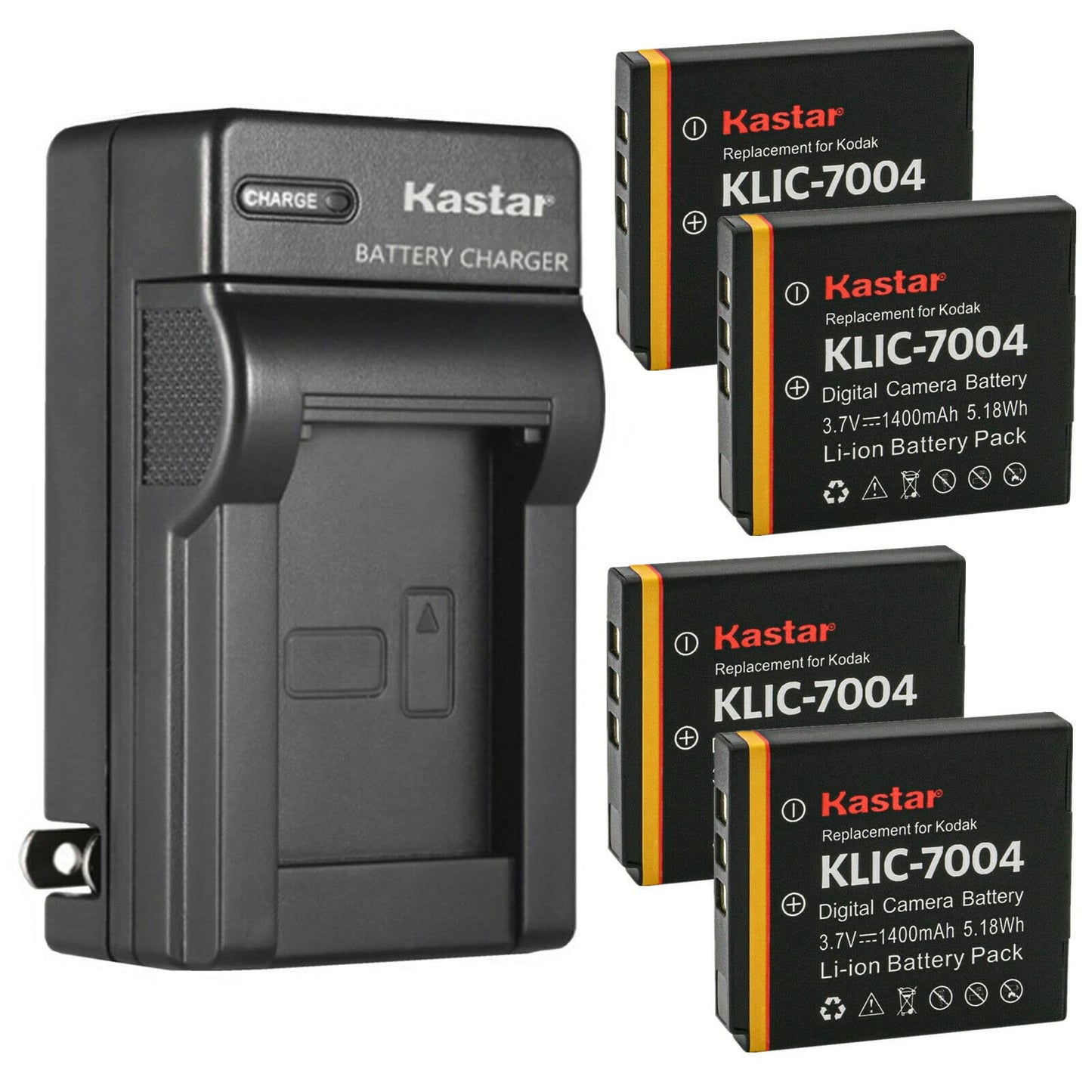 Kastar 4-Pack KLIC-7004 Battery and AC Wall Charger Replacement for Kodak KLIC-7004 K7004 Battery, Kodak K7700 Charger, Kodak Zi8, EasyShare V1233