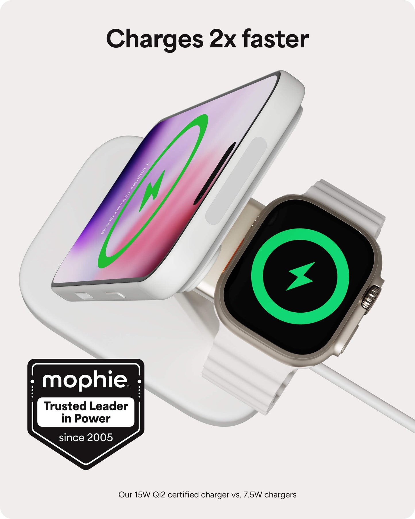 Mophie 2-in-1 Wireless Charging Stand - Qi2-Certified, MagSafe Charger for iPhone & Apple Watch - Fast Charging Station with Adjustable Phone Stand