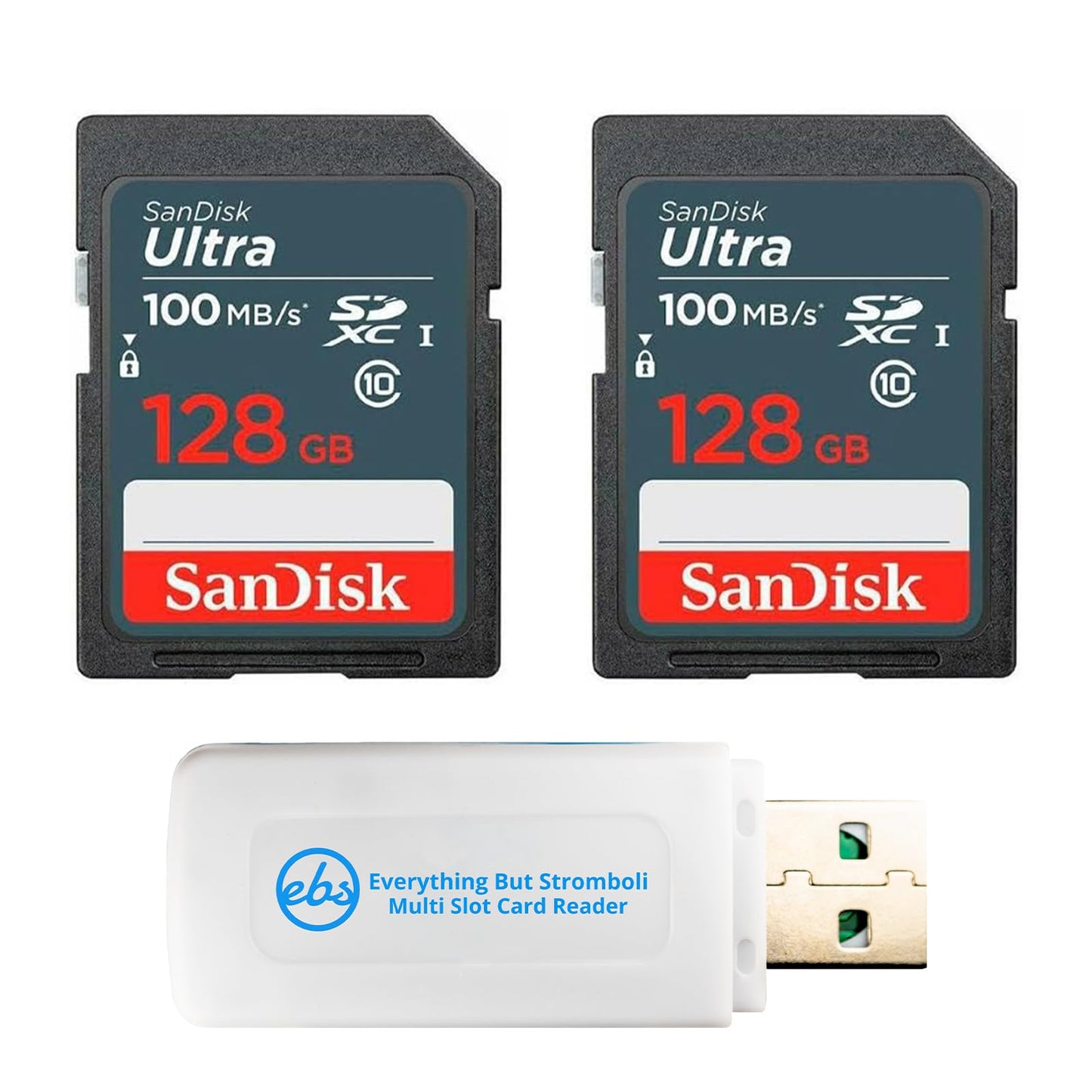 SanDisk (2 Pack) 128GB Ultra SD Memory Card 100MB/s Class 10 UHS-I SDXC (SDSDUNR-128G-GN3IN) Bundle with 1 Everything But Stromboli Multi-Slot Memory