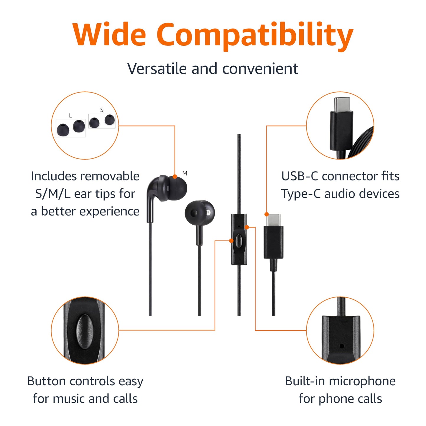 Amazon Basics Wired Earbuds with Microphone, in-Ear Headphones, USB-C, 4.2 ft Cable, S/M/L Ear Tips, Black