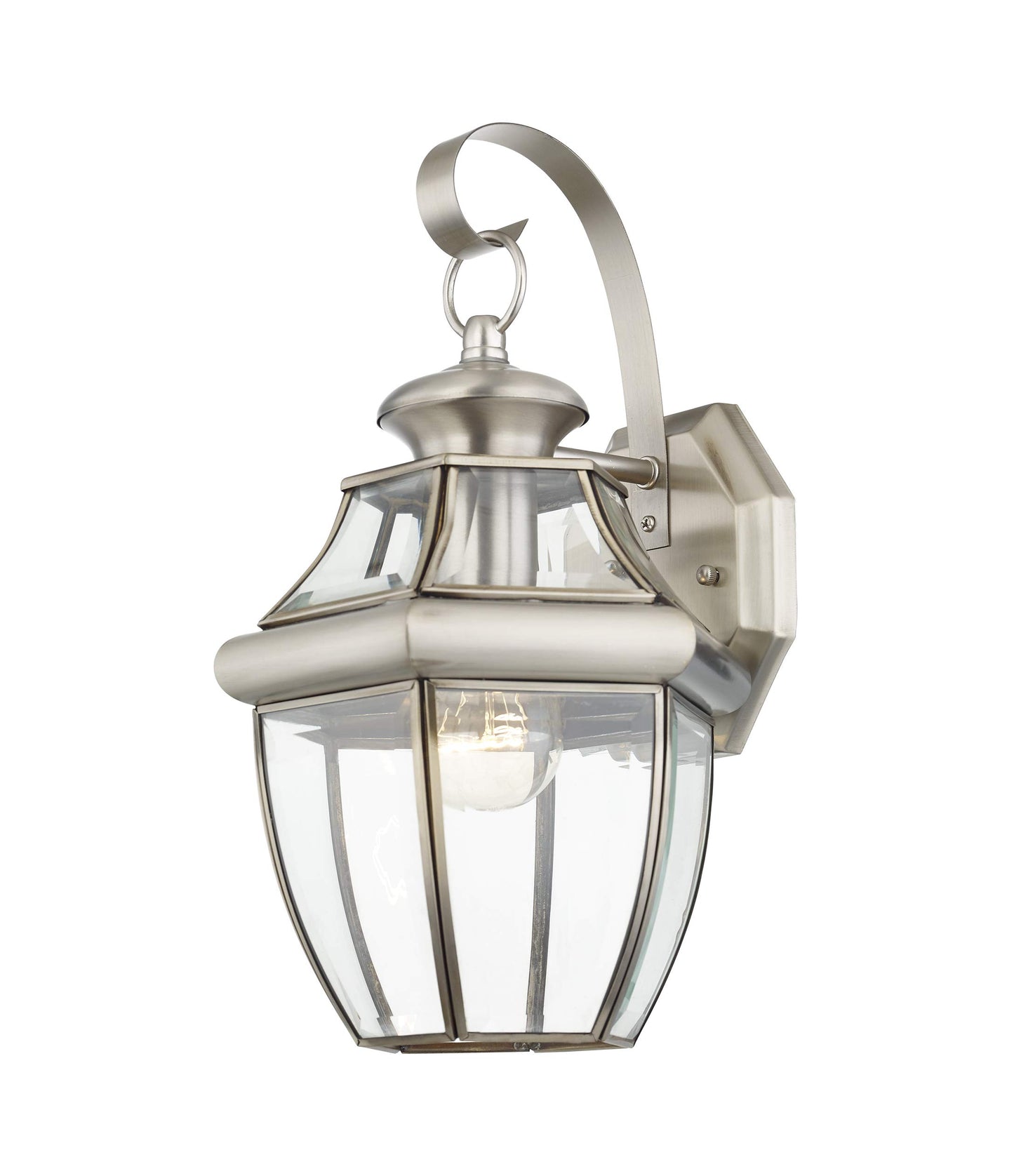 Livex Lighting 2151-91 Monterey 1 Light Outdoor Brushed Nickel Finish Solid Brass Wall Lantern with Clear Beveled Glass 13" x 8.5" x 8.25"