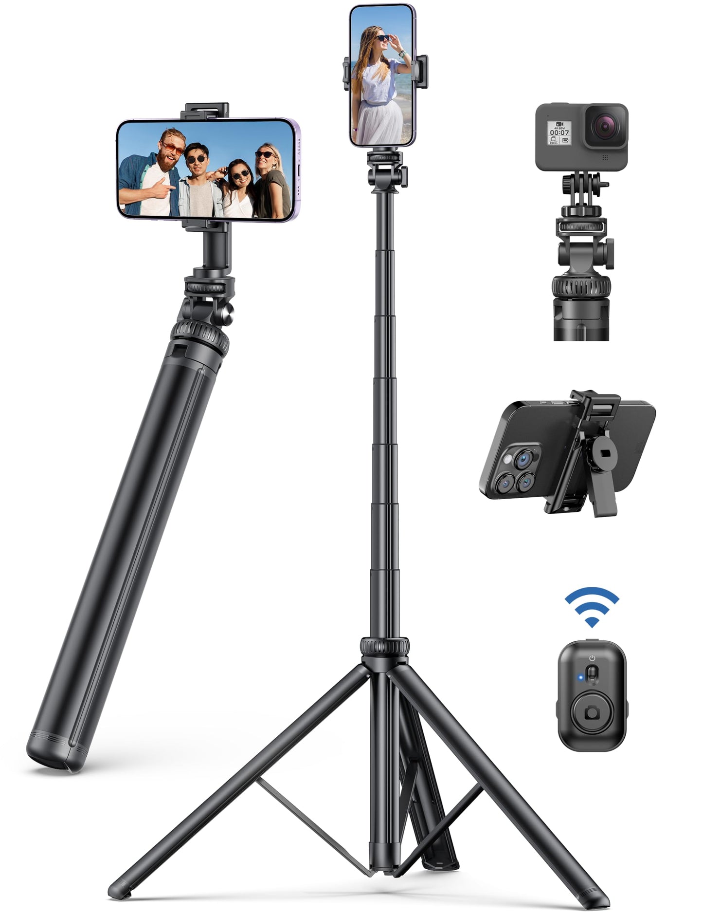 75" Phone Tripod, Selfie Stick with Remote and Phone Holder, Extendable Tripod for iPhone, Aluminum Cellphone TripodStand 360° Rotation Travel Tripods