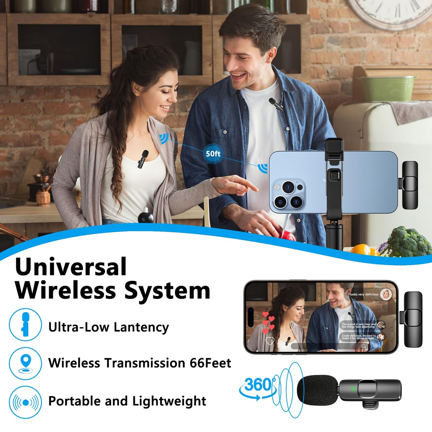 Caymuller Professional Wireless Lavalier Lapel Microphone for iPhone iPad, Mini Lapel Mics Plug-Play 2.4G Ultra-Low Delay Noise Reduction Chip for