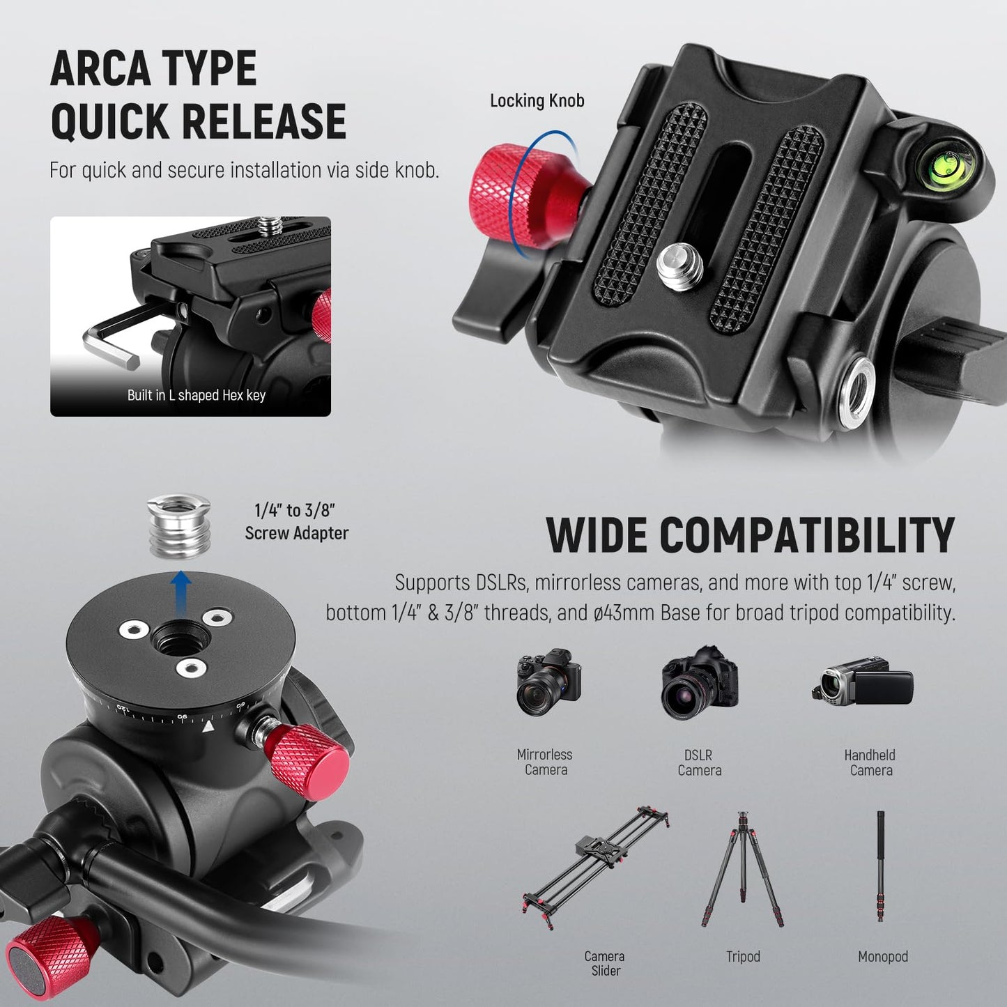 NEEWER Fluid Tripod Head with Handle & Arca Type Quick Release, Aluminum Alloy Panorama Drag Pan Tilt Head with ø43mm Scaled Base for Compact