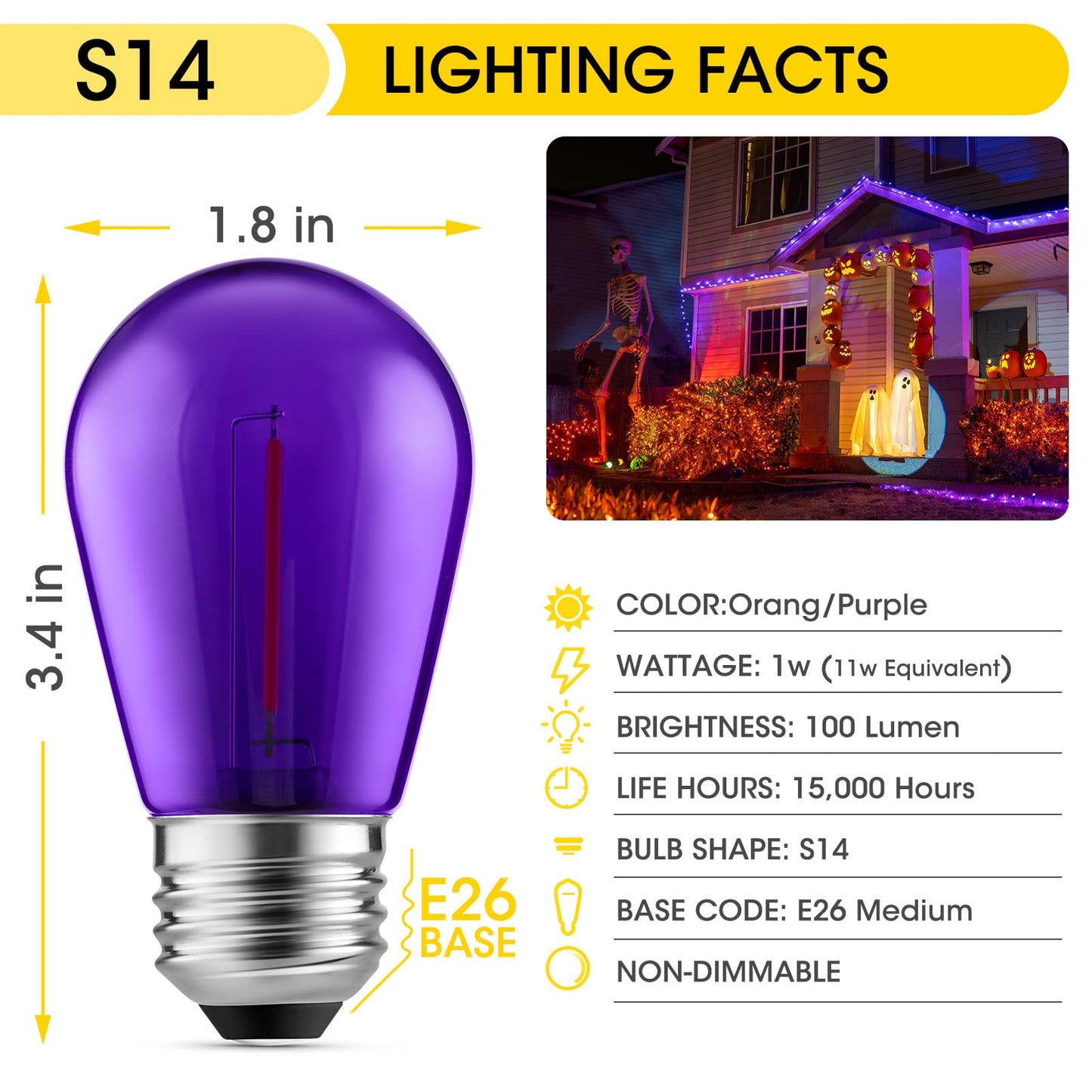 Meconard 24 Pack S14 Purple and Orange Light Bulbs for Halloween Decoration