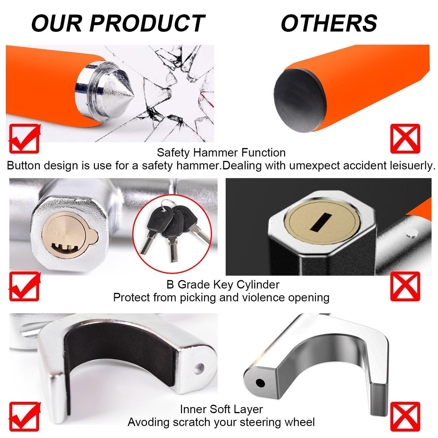 Tevlaphee Steering Wheel Lock, Steering Lock, Car Anti-Theft Device, Adjustable, Universal Fit, Heavy Duty Secure, 3 Keys, Emergency Hammer Window