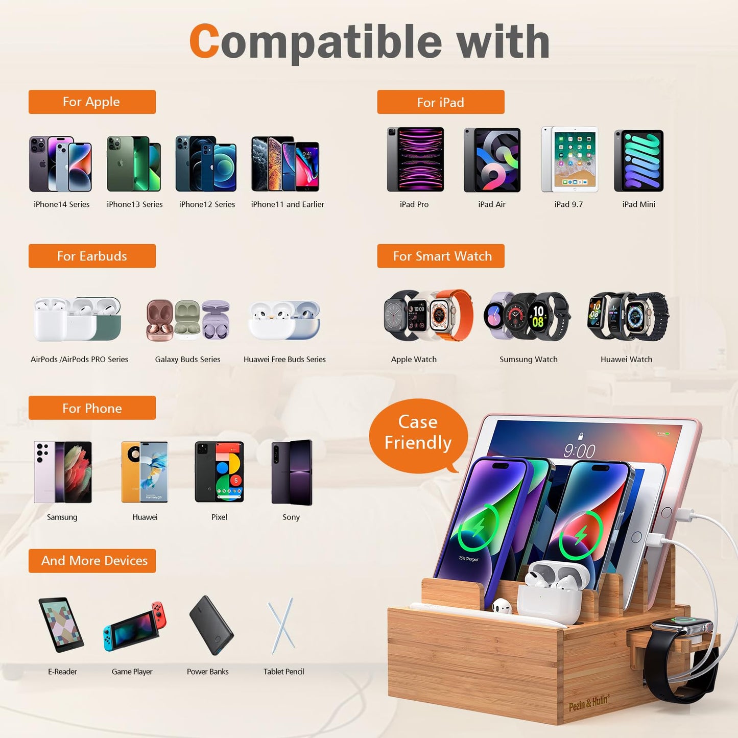 Pezin & Hulin Bamboo Charging Station for Multiple Devices Include 5 Port USB Charger, 5 Cables, Desktop Organizer for Phones, Tablet, Wooden Docking