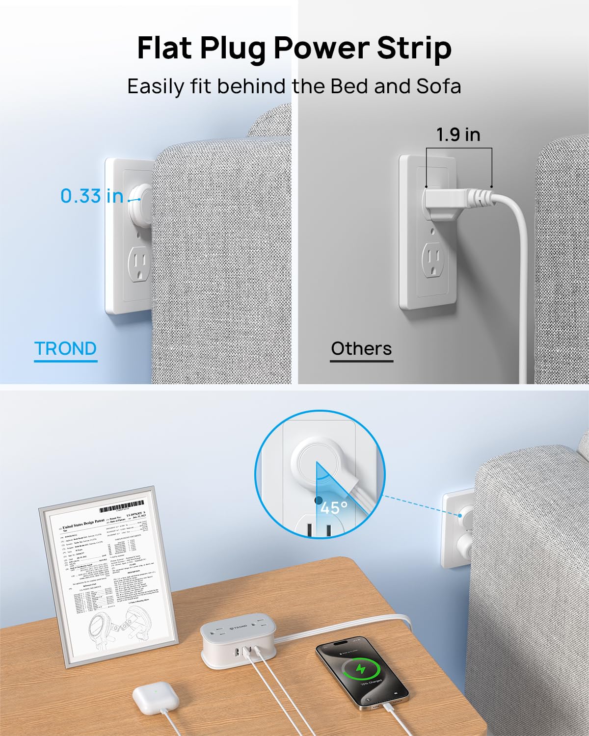 TROND Flat Plug Power Strip: 3.3ft Wrapped Short Extension Cord with 4 Outlets, 4 USB Ports, Small Charging Station, Travel Home Office Cruise Ship