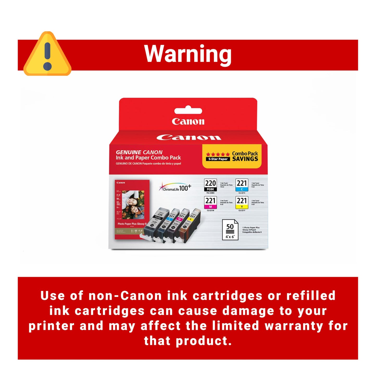 Canon PG-220/CL-221 Genuine Combo Pack with 50 Photo Paper Sheets, Compatible with MP980, MP560, MP620, MP640, MP990, MX860, MX870, iP4600, iP3600