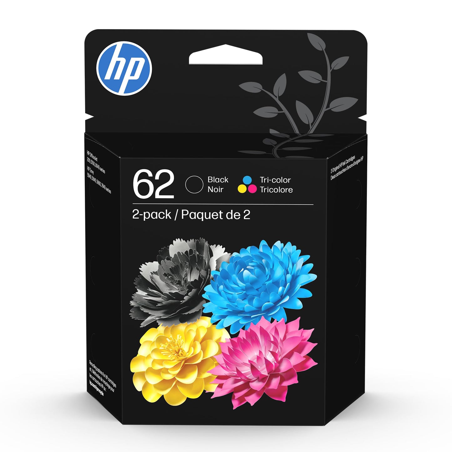 HP 62 Black/Tri-Color Ink Cartridges (2-Pack) | Works with Envy 5540, 5640, 5660, 7640, OfficeJet 5740, 8040, Mobile 200, 250 | N9H64FN | Packaging