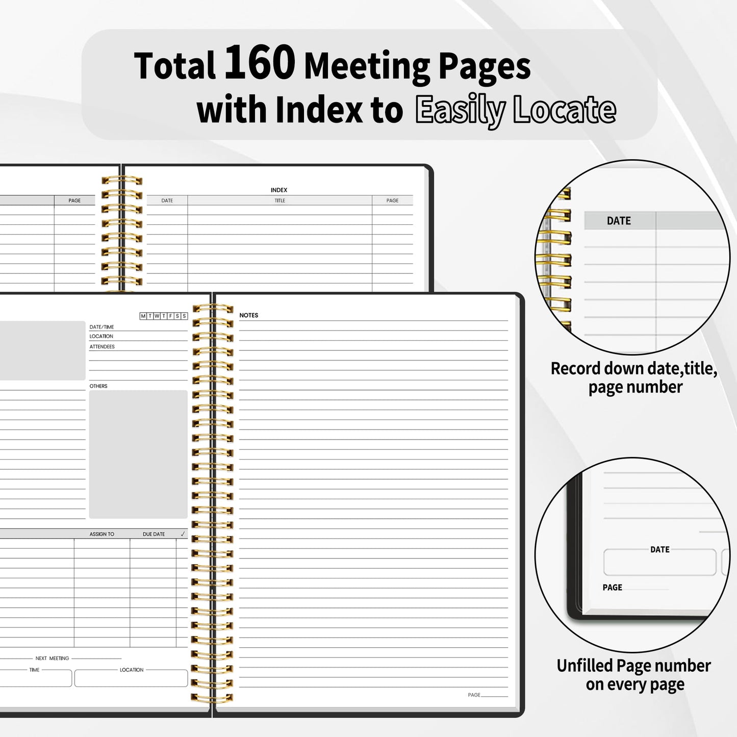 SUNEE Half Meeting Half Note - 7.5"x10" Professional Notebooks for Work - 160 Pages, B5 Size Project Planner, Spiral Meeting Agenda/Minutes Organizer