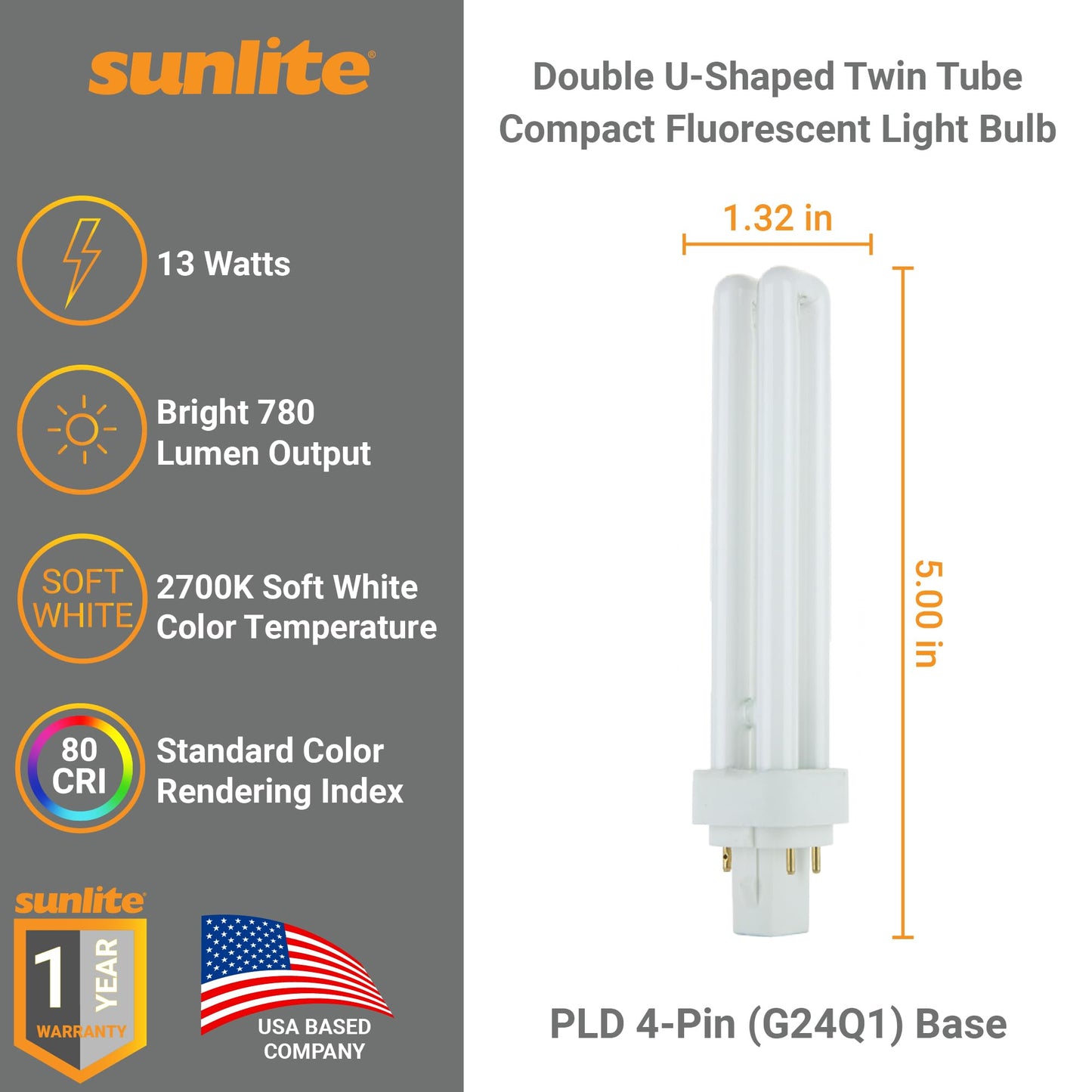 Sunlite PLD13/E/SP27K Compact Fluorescent PLD 4-Pin Double U-Shaped Twin Tube, 13 Watts, 120 Volts, 780 Lumens, 2700K Soft White, 4-Pin G24q1 Base, 10