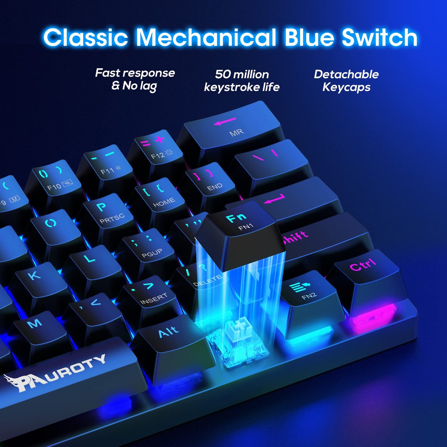 Pauroty 60% Wireless Mechanical Keyboard, Triple Mode 2.4G/USB-C/Bluetooth Gaming Keyboard, RGB Backlit, Clicky Blue Switch, 61 Keys Rechargeable Mini