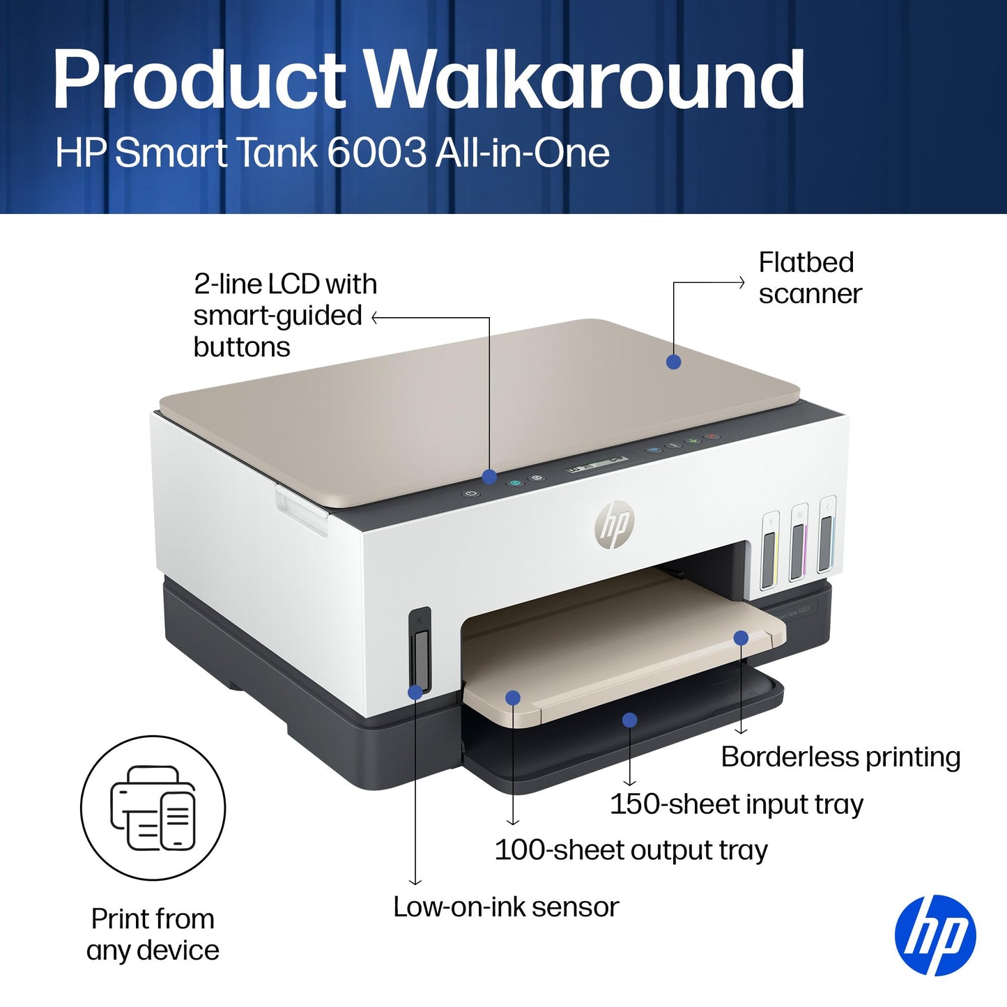 HP Smart Tank 6003 Wireless All-in-One Ink Tank Printer, Scanner, Copier with up to 3 Years of Ink Included, Best-for-Home, Cartridge-Free Refillable