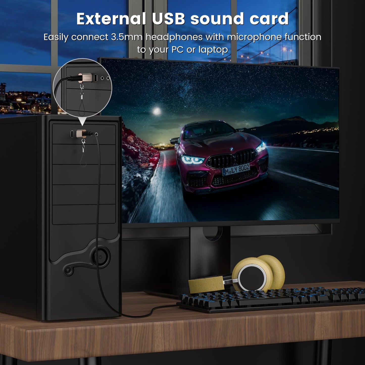 MOSWAG USB to Audio Jack Adapter, 3.5mm Jack Audio Adapter, External Stereo Sound Card TRRS Female Headset Compatible with PC, Laptop, Mac, Desktops