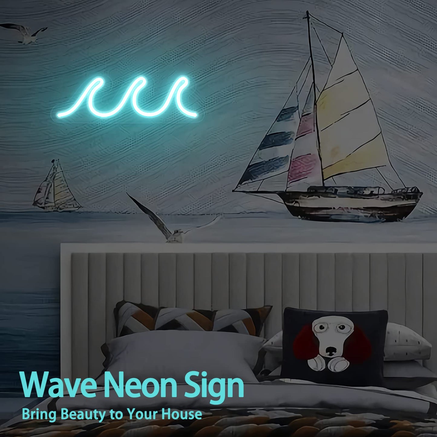 Wave Neon Signs for Bedroom, Ice Blue LED Neon Signs for Wall Decor, Night Lights USB Powered with Dimmer & Switch, Tropical Decor for Living Room