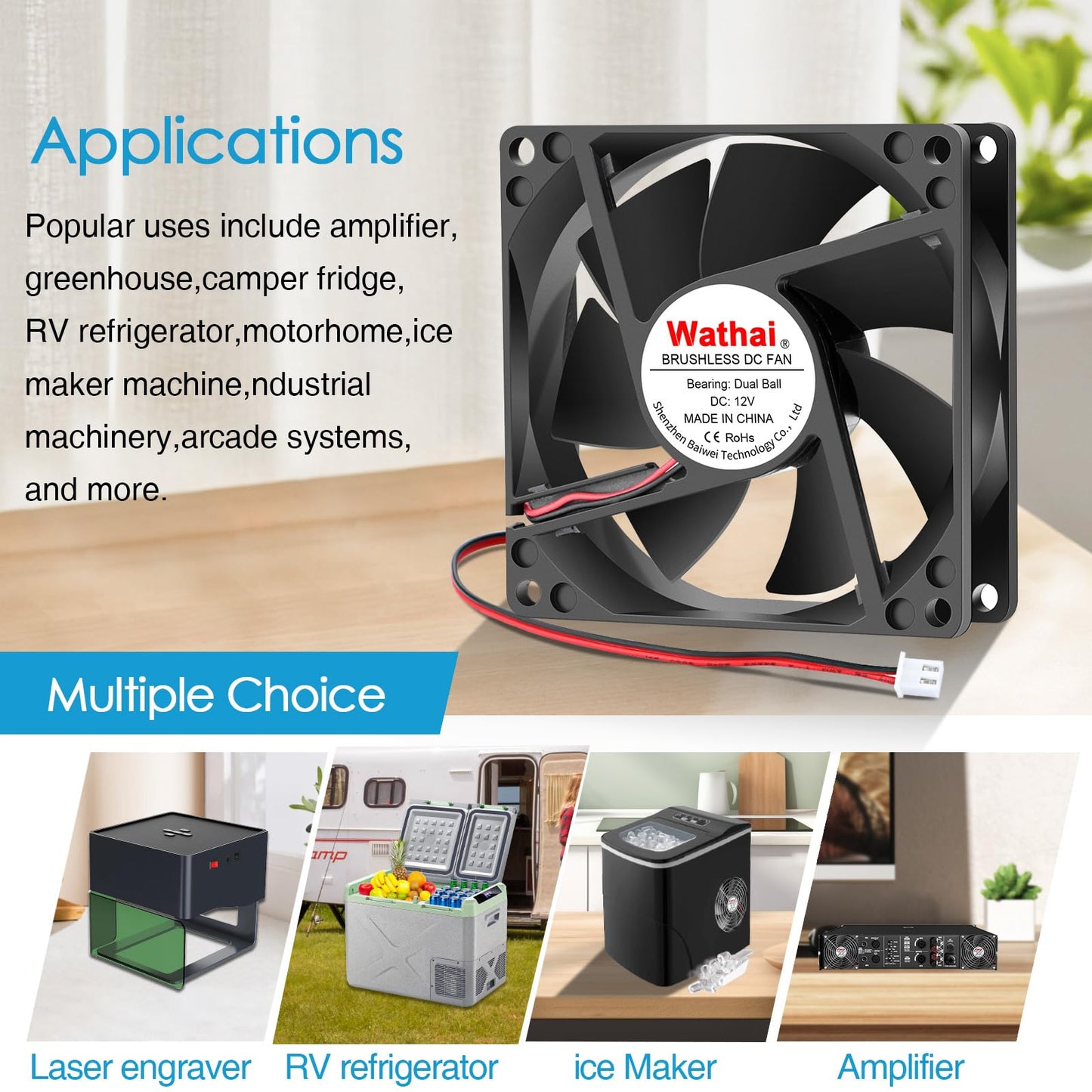 Wathai 80mm x 25mm DC Brushless Cooling Fan 12V 2Pin High Performance Dual Ball Bearing Computer Fan for Desktop, Laptop, Refrigerator