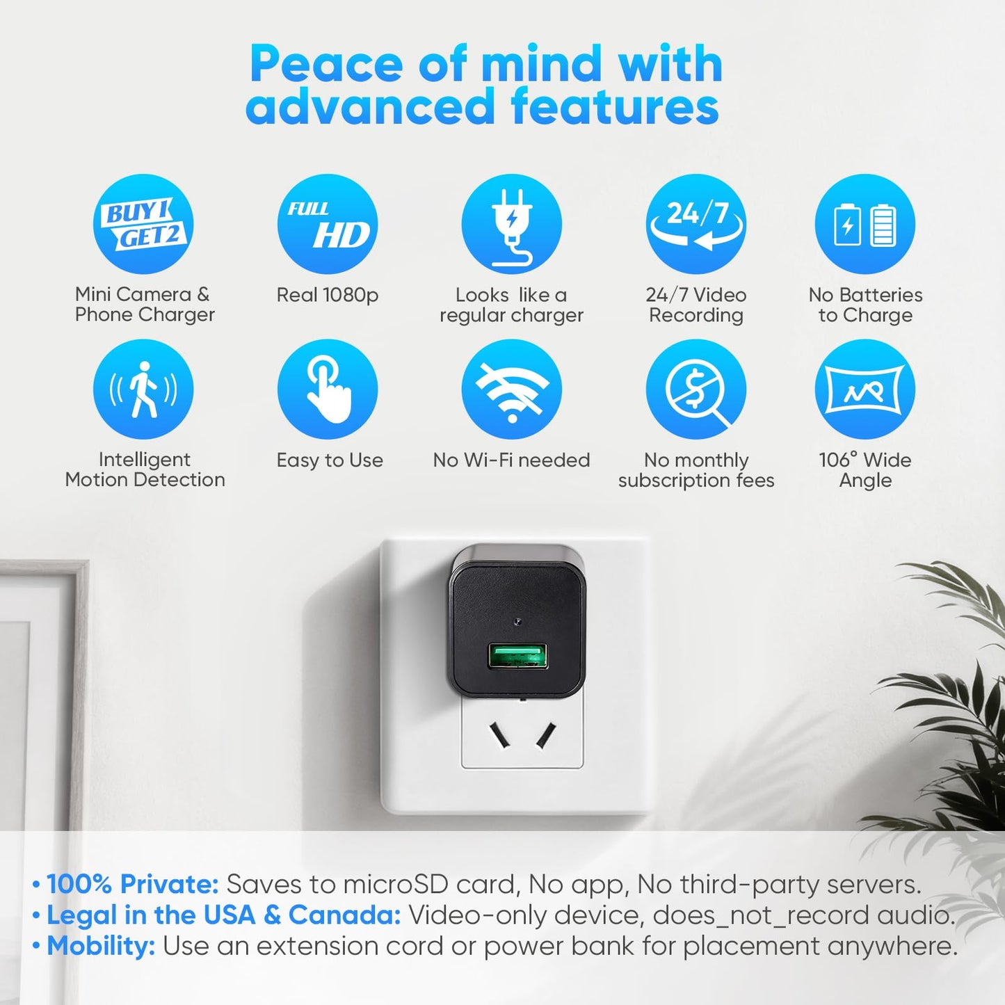 CBHLPLK Mini Camera with 64G Card 1080P Small Security Camera Charger with Motion Detection for Indoor (No WiFi)