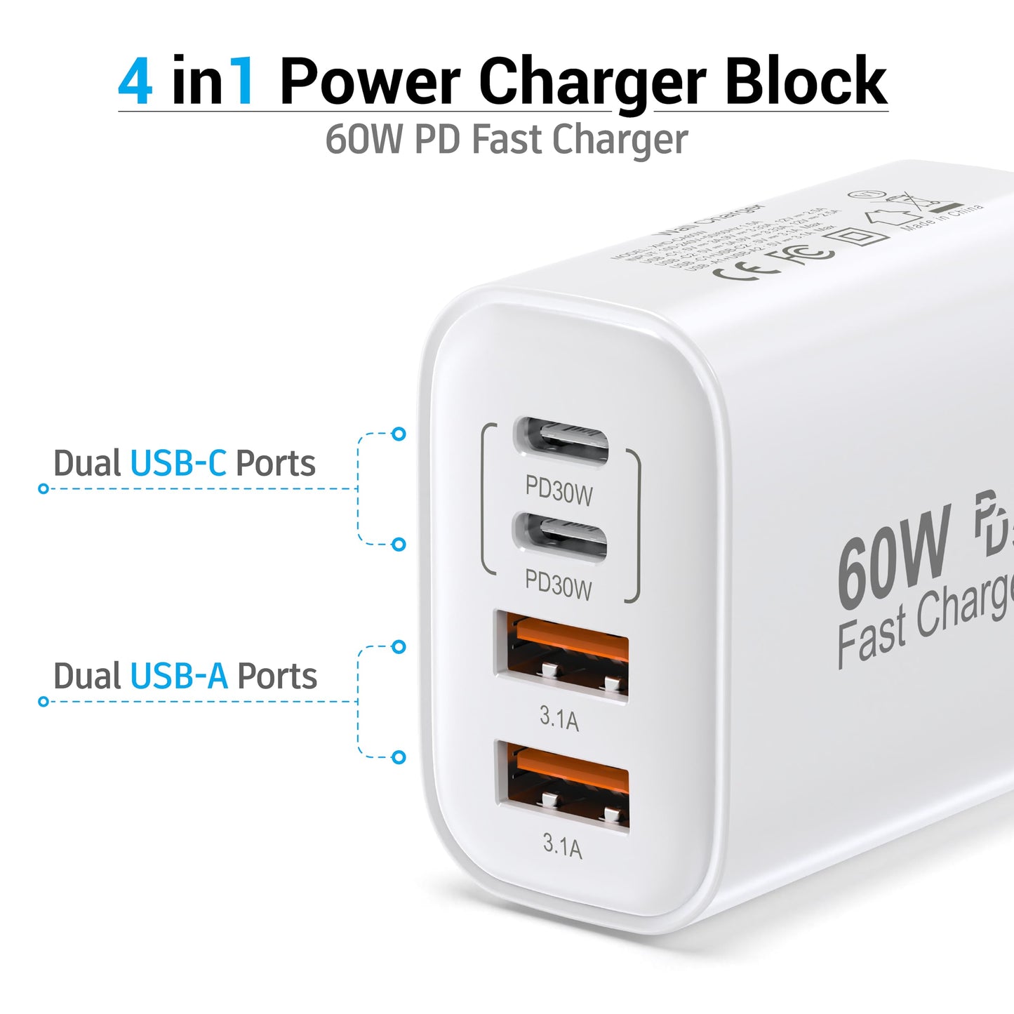 TT&C 60W USB-C Charger Block (2-Pack), 4-Port Fast Charging Hub (2 USB-C, 2 USB-A), PD 3.0 Wall Plug Compatible with iPhone 17/16/15, iPad & Samsung
