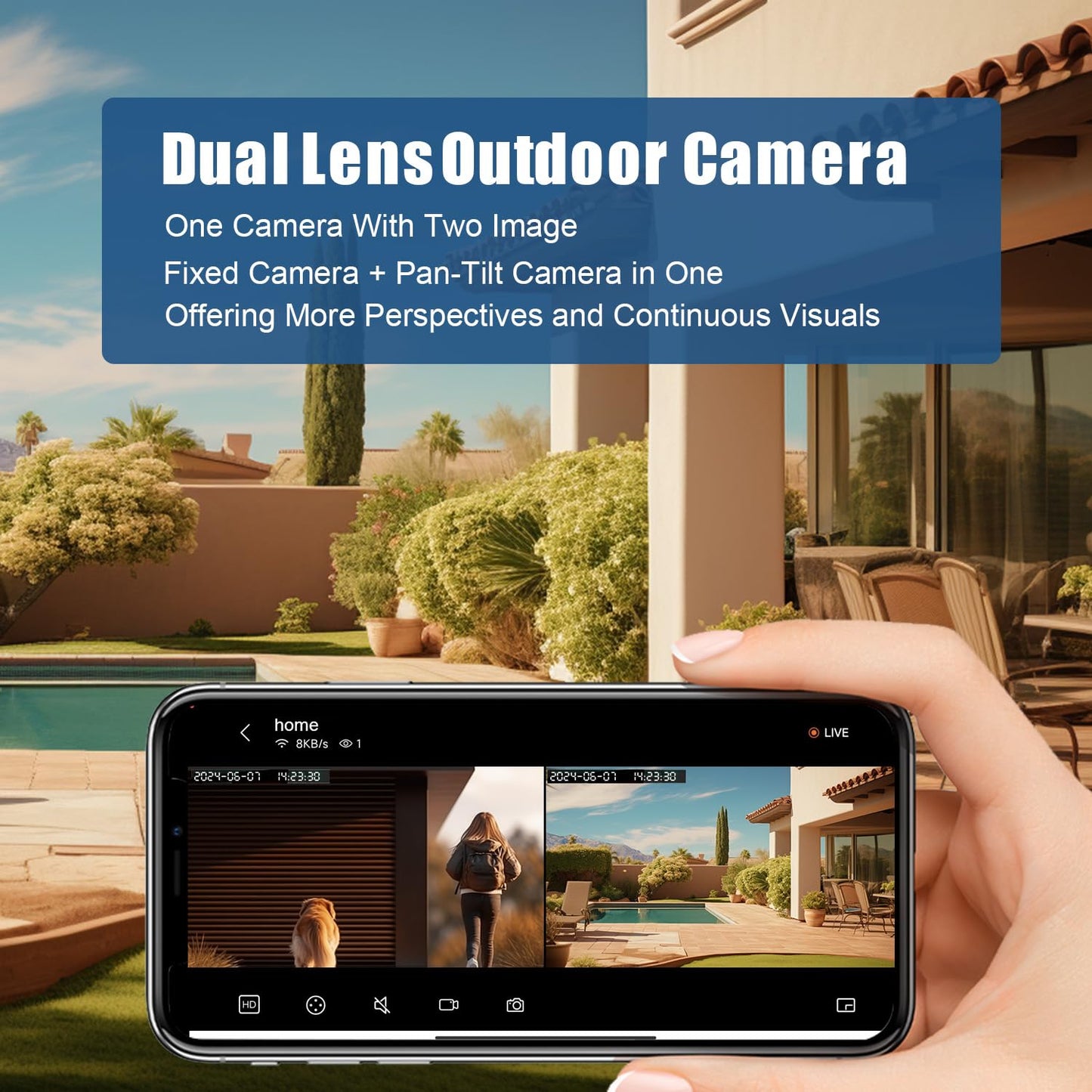 Kinnkall 4MP Dual Lens Outdoor Security Camera with Night Vision & Floodlight, 355° Pan/Tilt Motion Tracking, 2.4GHz WiFi, SD/Cloud Storage, IP66