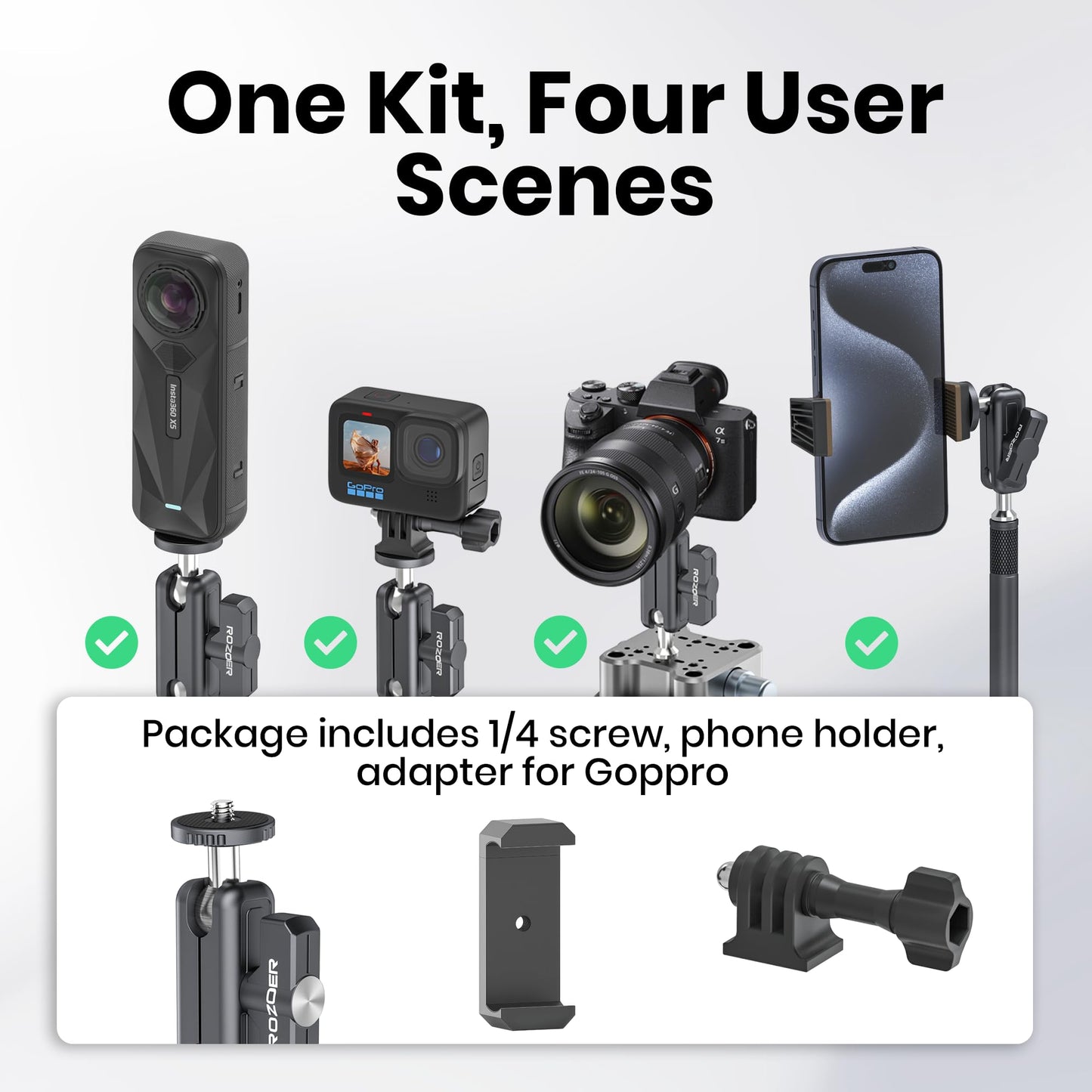 ROZOER 4-in-1 Magnetic Camera Mount Kit - Universal Baseplate with Magic Arm, Phone Clip & Bands for GoPro/for Osmo/for Insta360/Smartphones (Car