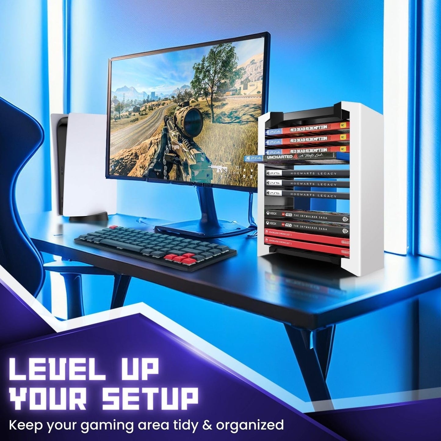 TNP Universal Video Game Storage Tower for PS5, PS4, PS3, Nintendo Switch, Xbox One, Xbox Series S/X - White Video Game Holder Organizer Stand with 12