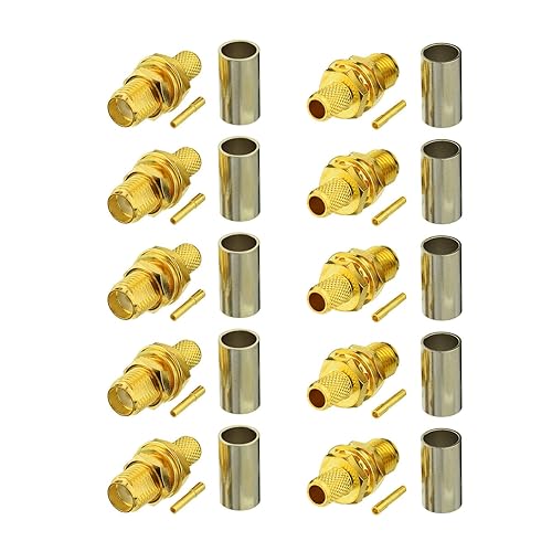 BINGFU SMA Female Bulkhead Mount Crimp Solder Attachment 50 Ohm Gold Plated Copper Connector (10-Pack) Compatible with RG58 RG303 RG141 RG142 RG400