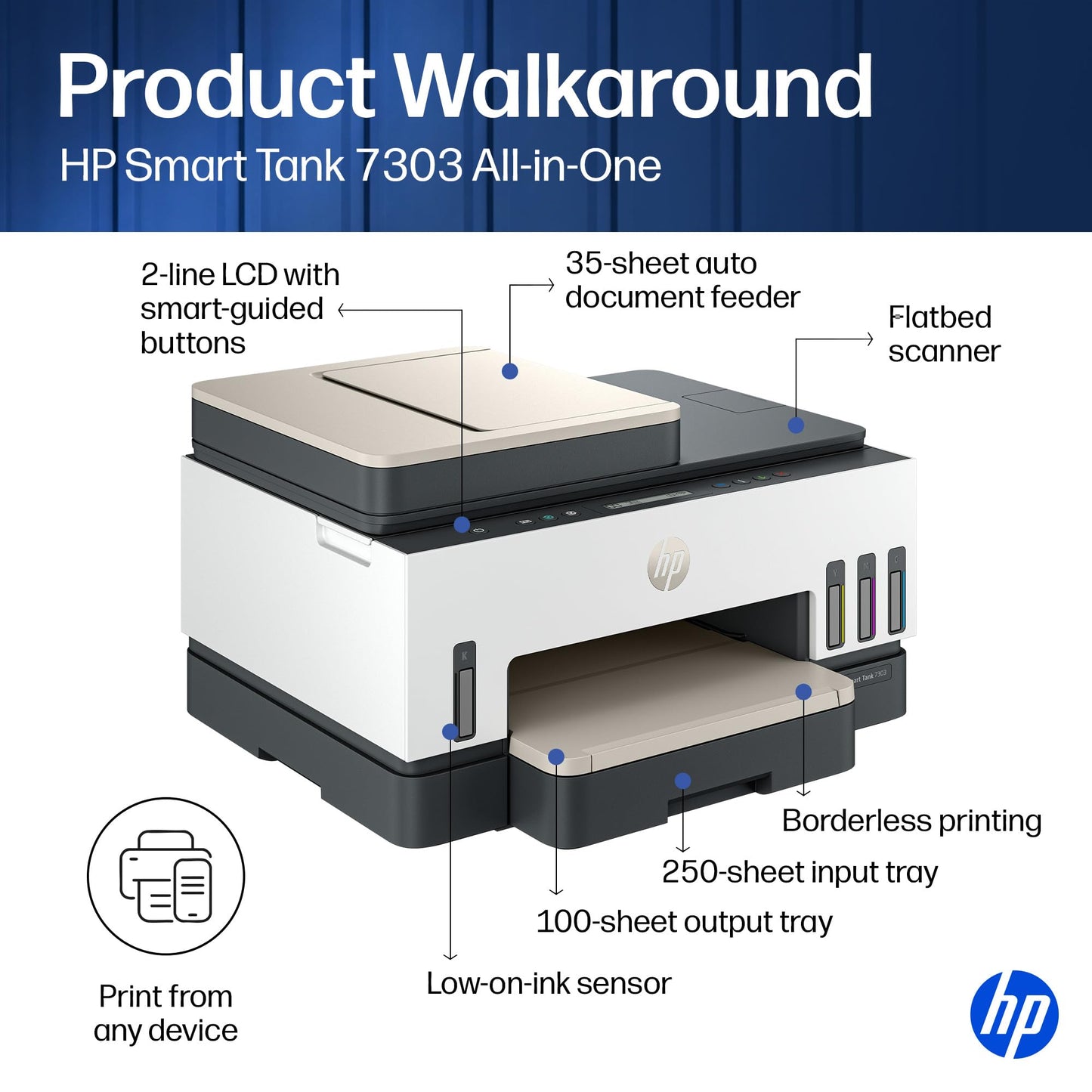 HP Smart Tank 7303 Wireless All-in-One Ink Tank Printer, Scanner, Copier with up to 3 Years of Ink Included, Best-for-Home Office, Cartridge-Free