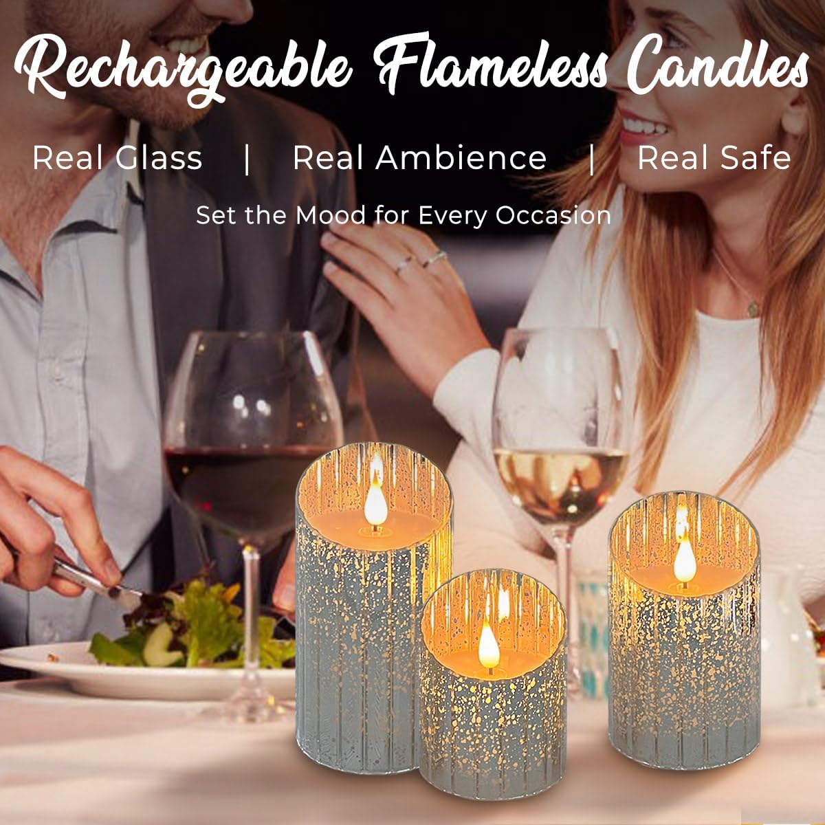 LEDHOLYT Rechargeable Flameless Candle, Flickering LED Pillar Glass Fake Candle with Remote and Timer, Built-in Battery Real Wax Electronic Candle