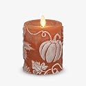 Luminara Embossed Leaves and Pumpkins Moving Flame Pillar Candle 3.25" x 4.5" with Recessed Edge Unscented Real Wax LED Battery Operated Candle Lights
