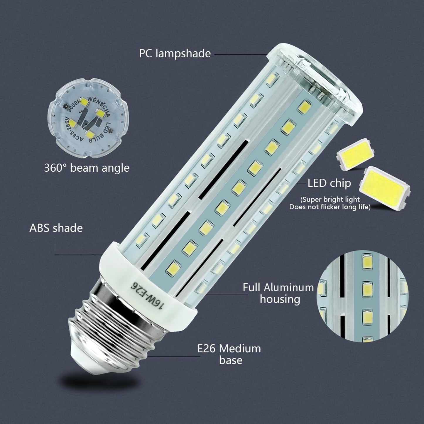 Wenscha LED Corn Light Bulb 100W Equivalent 1600 Lumen 6000K Daylight White 16W LED Corn E26 Light Bulb Base Non-dimmable Ceiling Fan Lighting