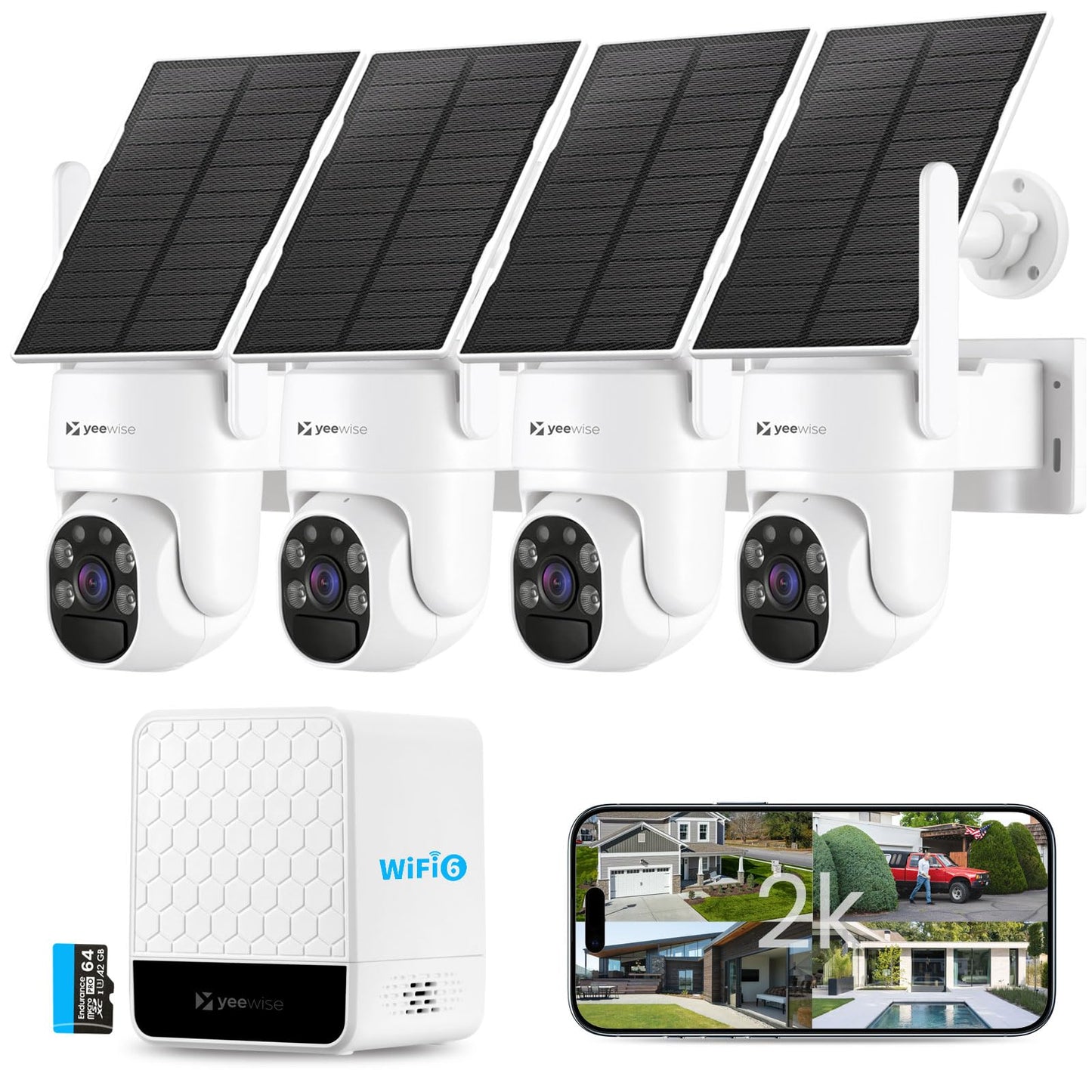 yeewise Solar Security Cameras Wireless Outdoor, 4 Cam-Kit, No Subscription, 4MP Home Security Cameras System with 360° Pan & Tilt, Color Night