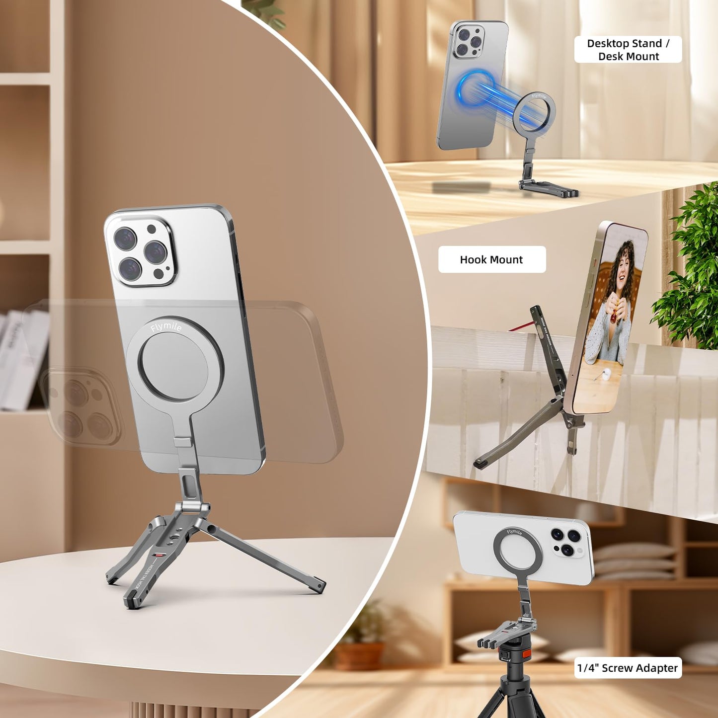 Magnetic Phone Tripod for MagSafe, Aluminium Grip Stand Foldable Portable Mini Desk Travel Phone Holder Adapter with 1/4" Screw & Hook for iPhone 17