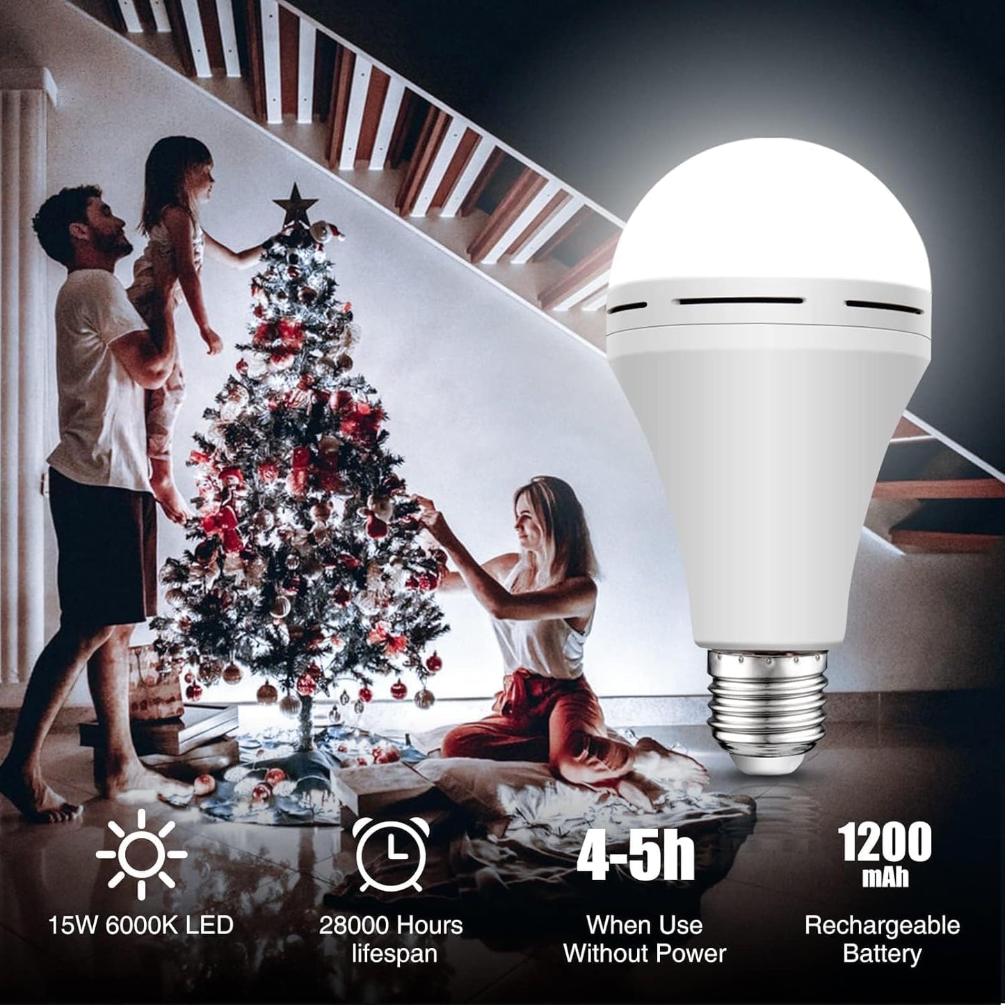 Neporal 4 Pack Emergency-Rechargeable-Light-Bulb, Stay Lights Up When Power Failure, 1500mAh 15W 80W Equivalent LED Light Bulbs for Home, Camping
