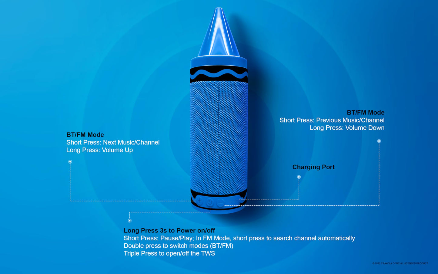 Crayola Kids Crayon Speakers Bluetooth Wireless, Portable Bluetooth Speakers 20W Peak Power HD Sound, Mini Bluetooth Speaker with TWS Pairing BT 5.3