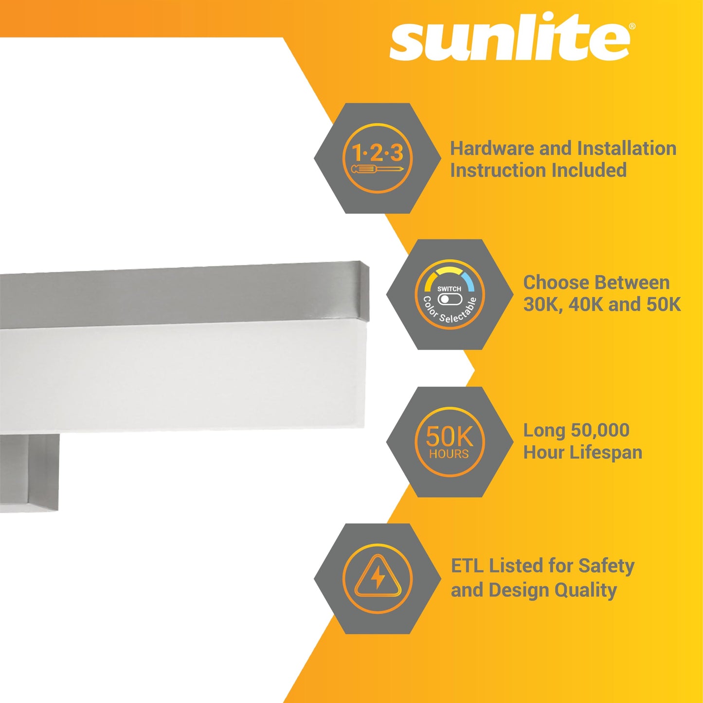 Sunlite 81381 18-Inch LED Linear Bar Vanity Light Fixture, 20 Watts (100W=), 120 Volts, Dimmable, Color Selectable 30K/40K/50K, 1100 Lumens, Brushed
